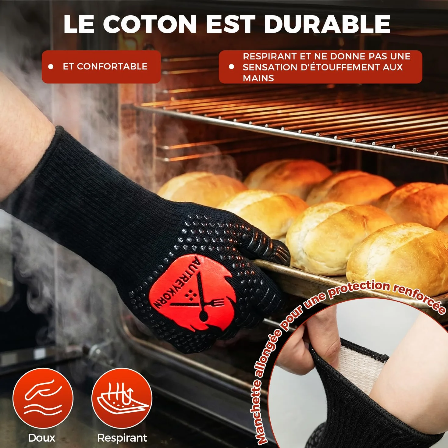 Gants de Cuisine Résistants jusqu'à 800°C en Aramid Ignifugé EN407 Antidérapants Noir L/XL/XXL