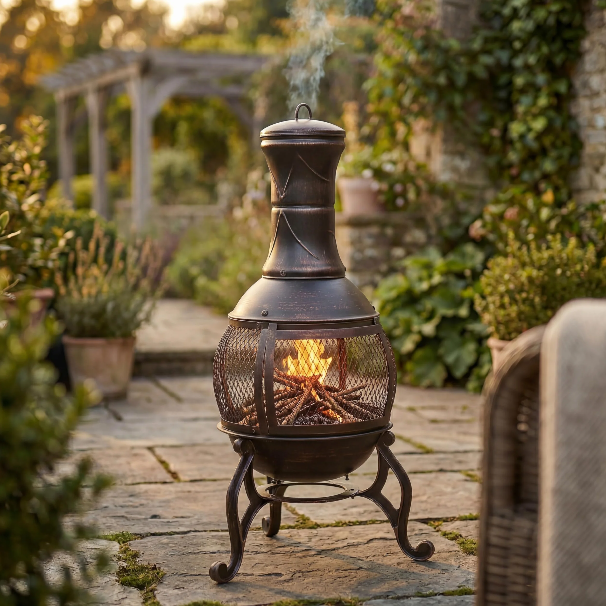 Cheminée en Acier pour Jardin Fire Vida Noir et Or Antique