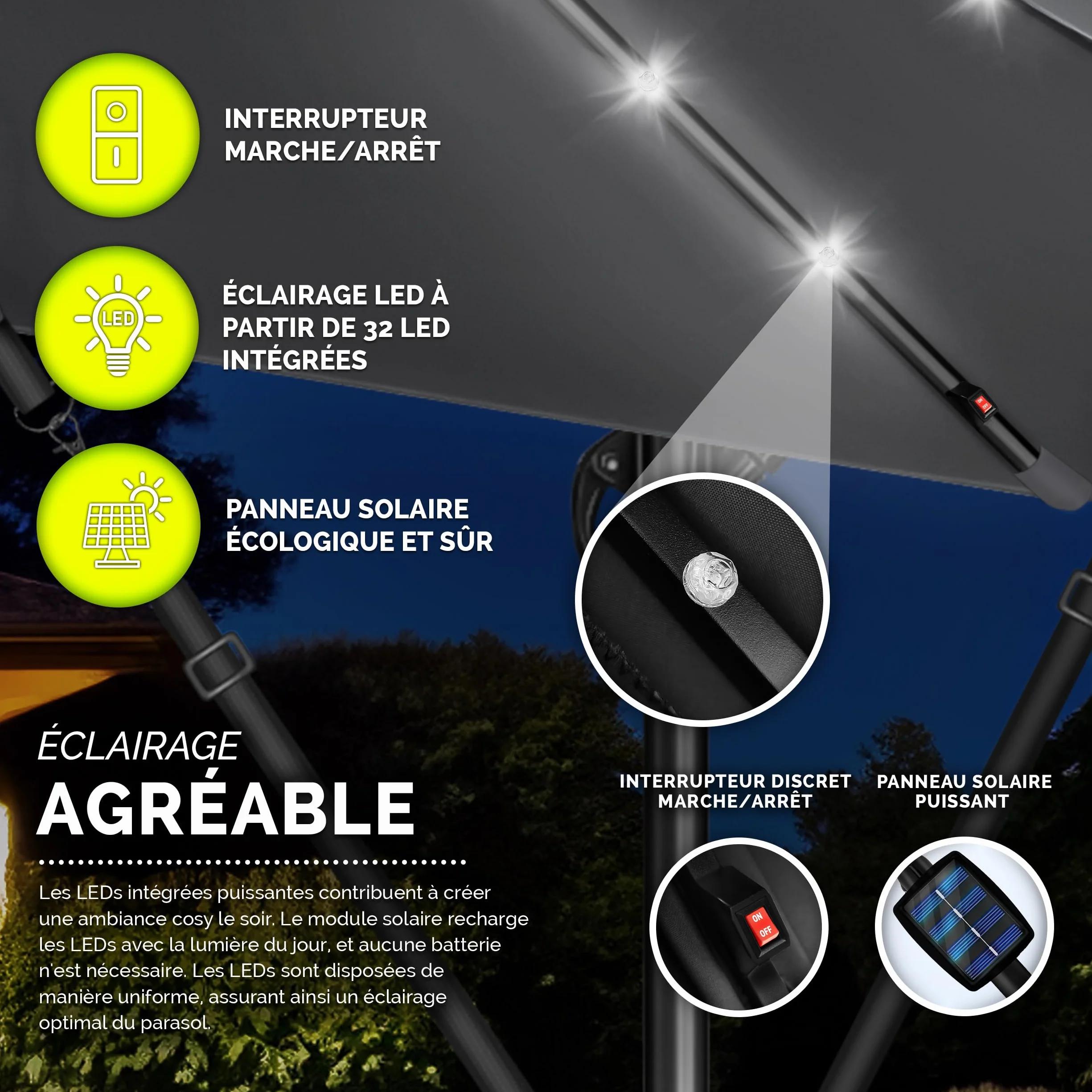 Parasol déporté LED solaire hexagonale 3M avec manivelle Protection UV en aluminium pour jardin
