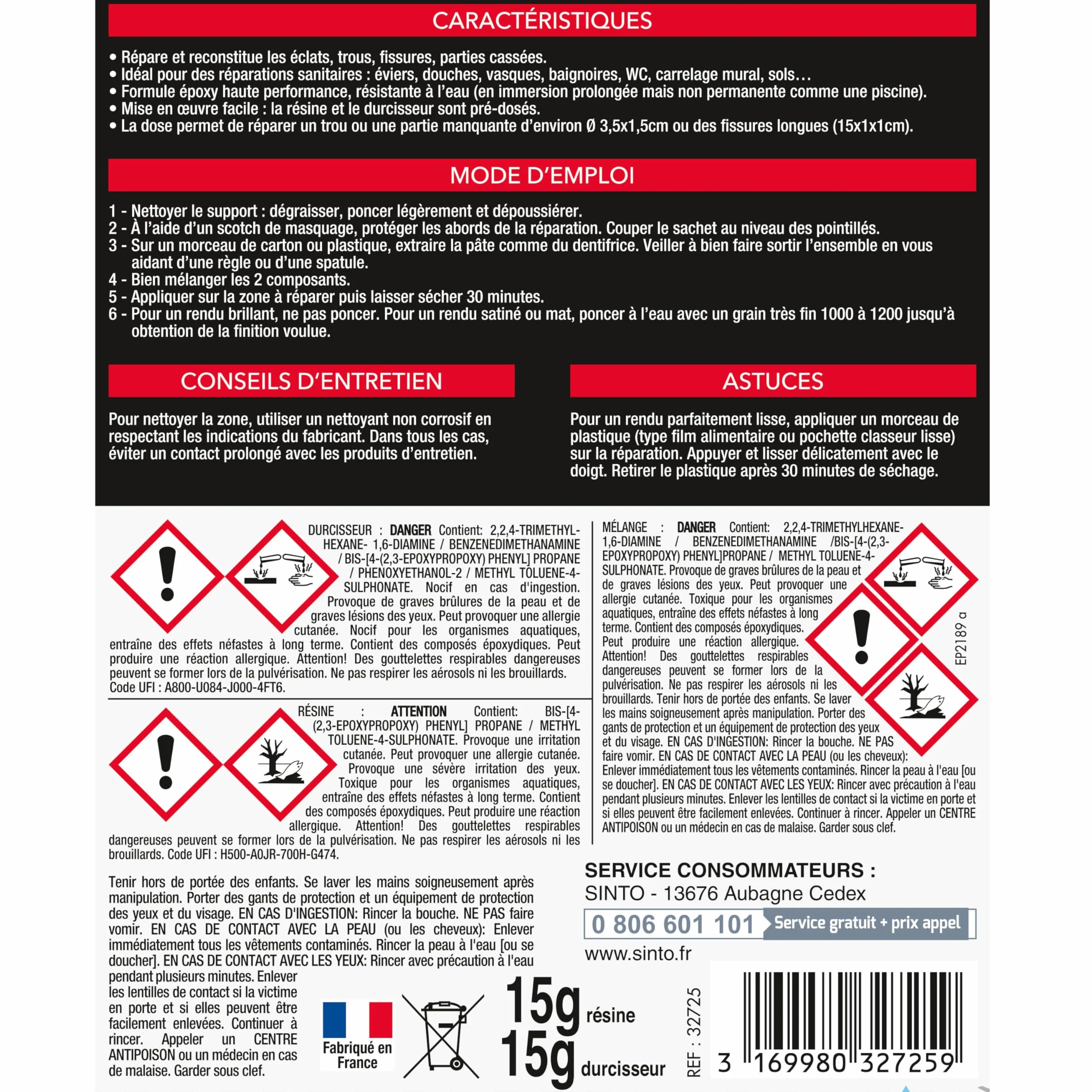 SINTO Répare faïence émail et céramique blanc 15g, répare éclats trous et fissures des sanitaires, éviers douches vasques baignoires et WC, 1 dose = 1 réparation, intérieur et extérieur