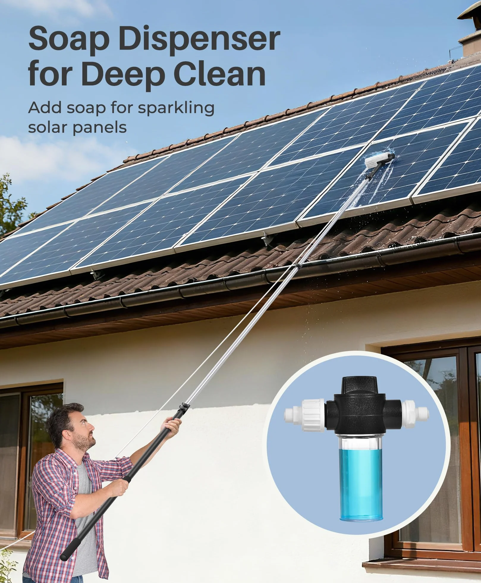 LyriFine Kit de nettoyage pour panneaux solaires électriques, poteau extensible pour le nettoyage des fenêtres de 6 mètres avec tige télescopique à 5 étages, brosse de nettoyage de fenêtre à 2
