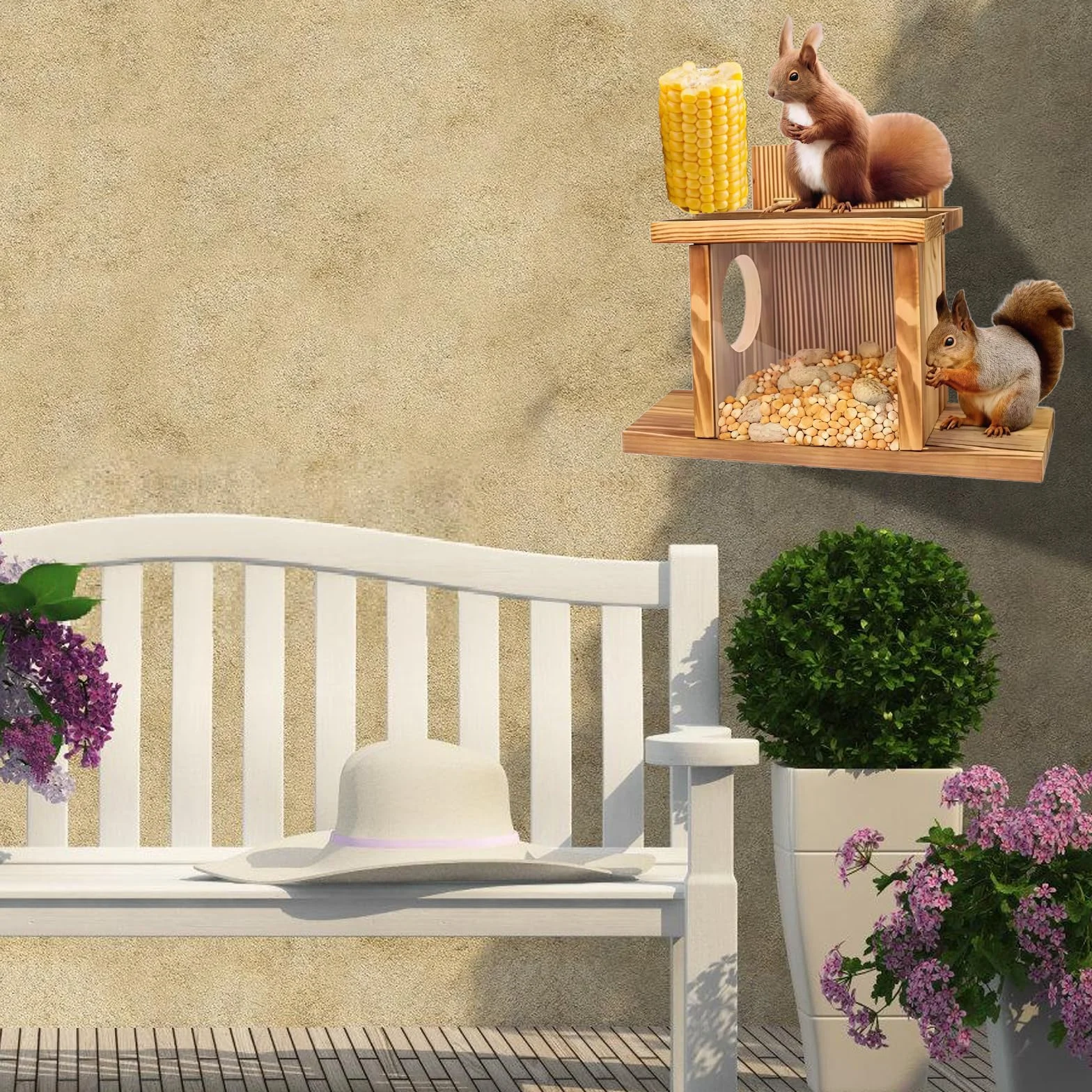 Mangeoire pour écureuils en bois 35,2 × 12,8 × 24 cm résistante aux intempéries design Flip-Top