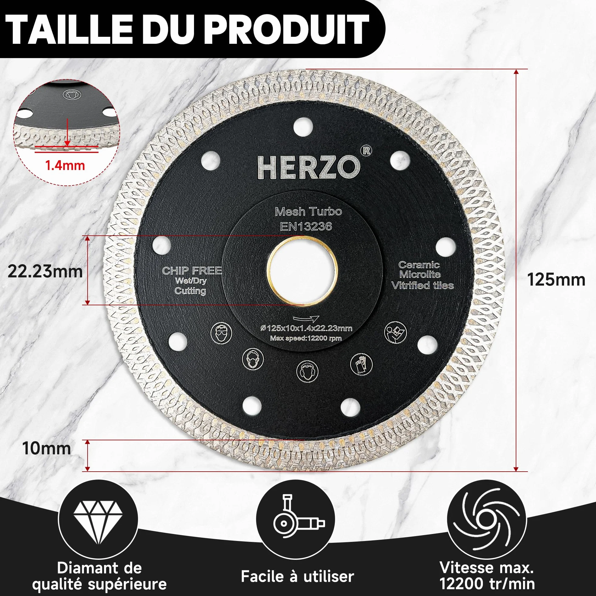 HERZO Disque Diamant 125 mm x 22,23 mm pour Carrelage - Disque Diamant 125 mm pour Carrelage, Grès Cérame, Porcelaine et Céramique