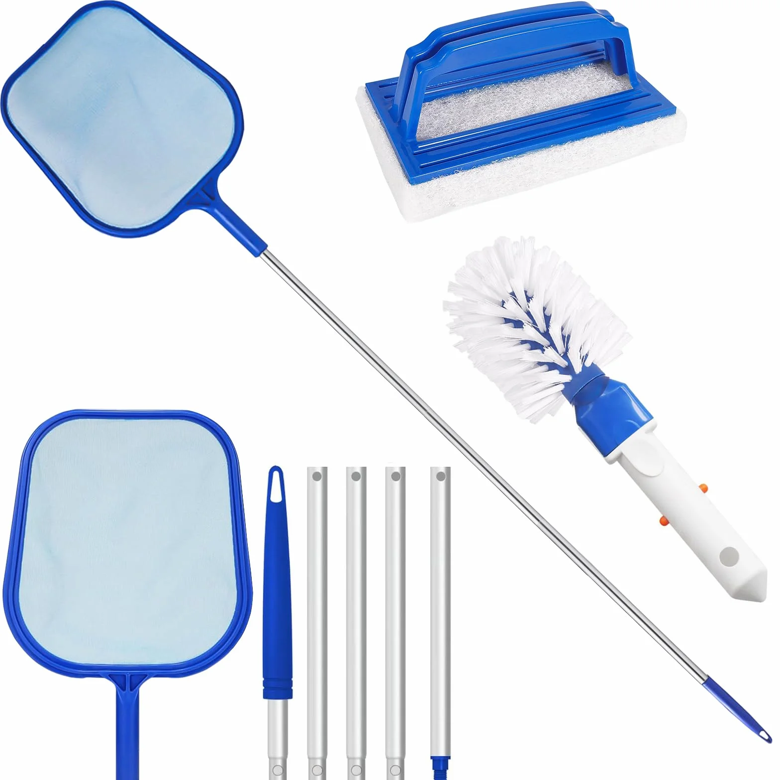 Kit de Nettoyage de Spa, Épuisette Piscine à Maille Fine, Perche Télescopique Aluminium 5 Sections, Brosse Éponge et Brosse Nettoyante
