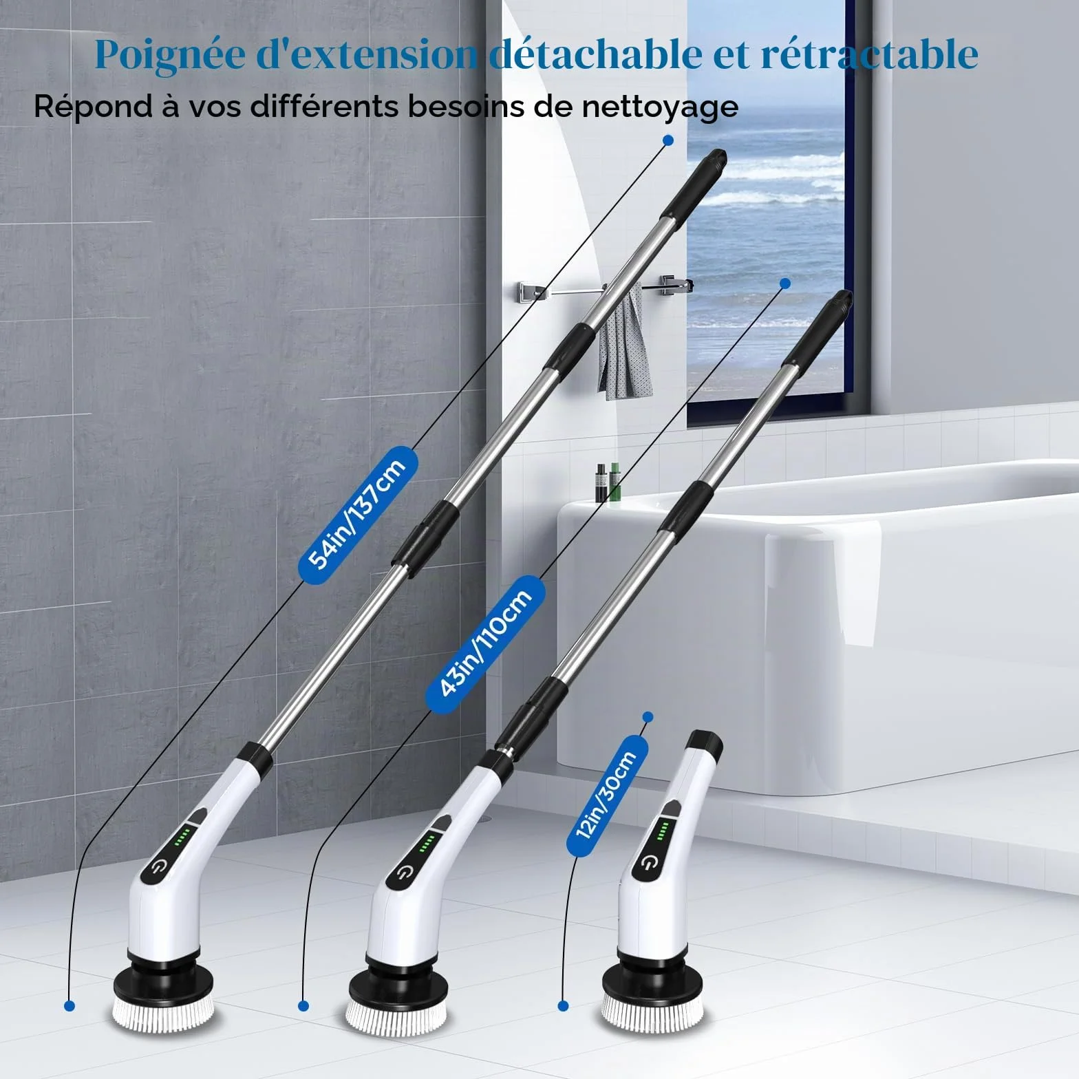 FARI Brosse Électrique Rotative Sans Fil - 8 Têtes Remplaçables, Nettoyage Douche, Poignée Ajustable Pour Salle de Bain, Carrelage et Voiture - Blanc
