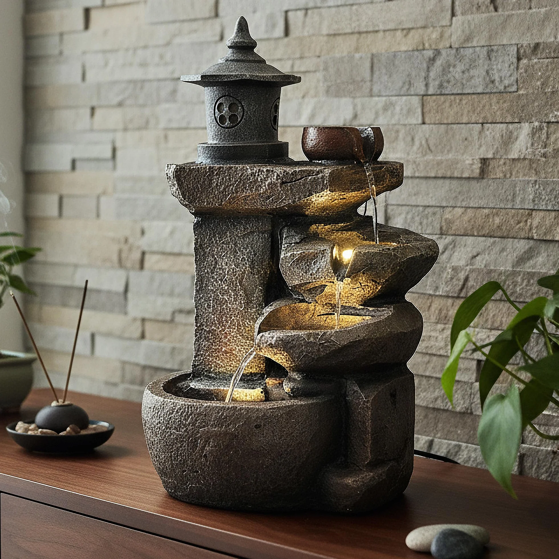 Arnusa BK851 Fontaine Cascade Avec Éclairage Marron Gris Décoration Jardin