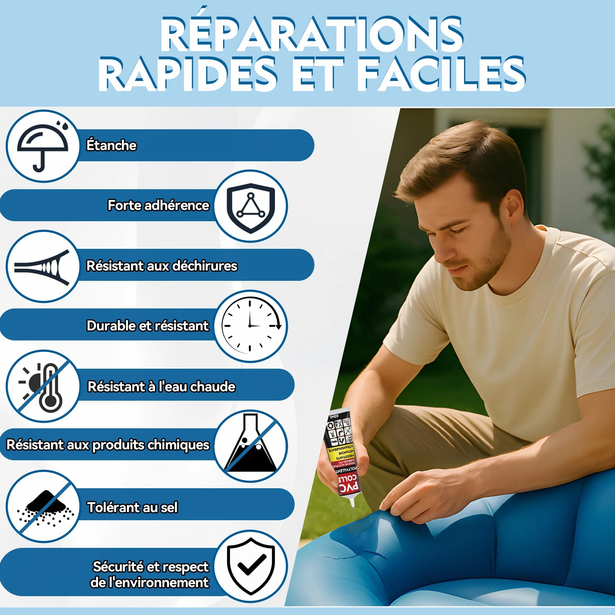 Kit Réparation Piscine Liner, Colle PVC Étanche pour Bouées Matelas Gonflables