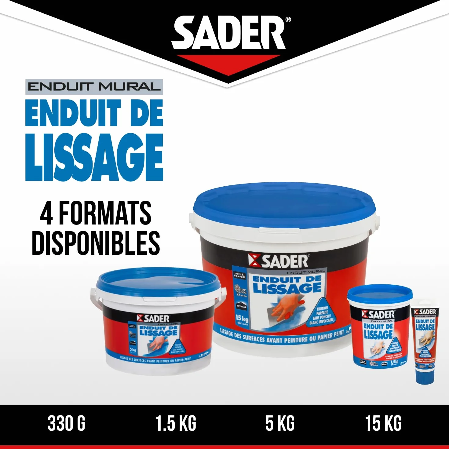 Sader Enduit de Lissage Prêt à l'Emploi en Pâte – Enduit Mur Intérieur et Plafond – Utilisable comme Joint Plaque de Plâtre, Rebouche Trou Jusqu'à 2 mm et Bouche Pore Bois – Blanc – Tube 330 g