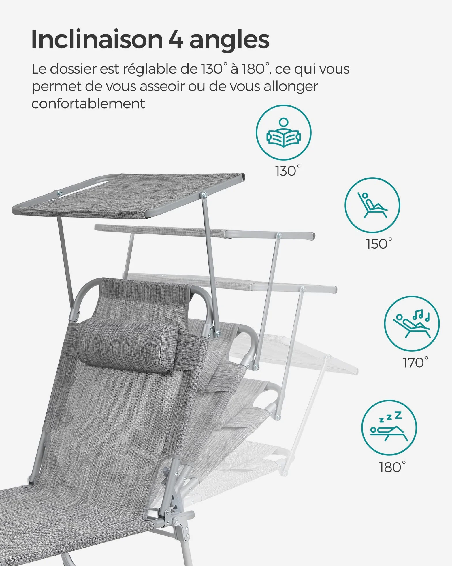 SONGMICS Chaise Longue Pliable 193x53x29 cm 150 kg avec Pare-soleil Appuie-Tête Dossier Réglable GCB19T