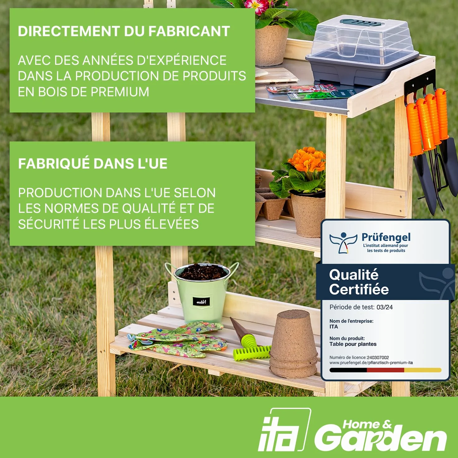 ITA Table de Plantation en Bois 76x38x89 cm avec Plan de Travail galvanisé et étagère inférieure 3 étages