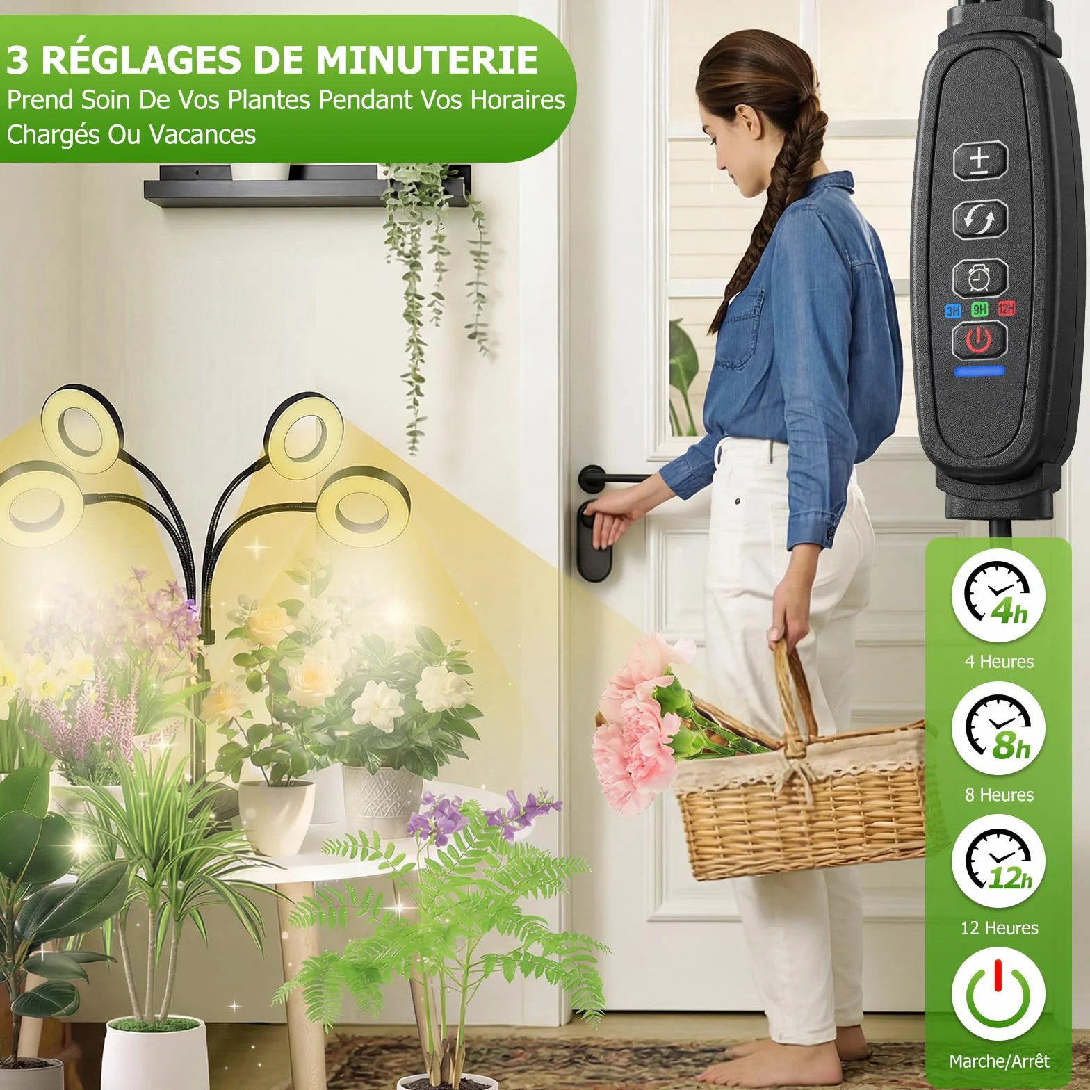 Lampe Horticole LED Plein Spectre 100 LEDs avec Minuterie 4/8/12H 4 Bras Col de Cygne Flexible