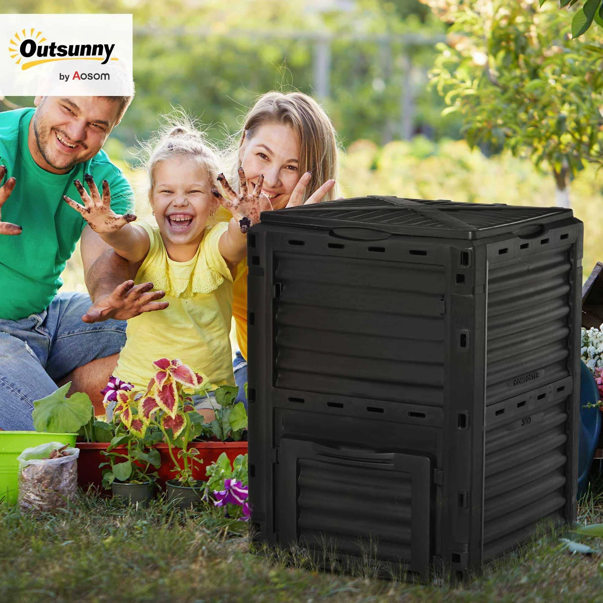 Outsunny Composteur de Jardin 300L, bac composteur polypropylène, 48 aérations, Noir