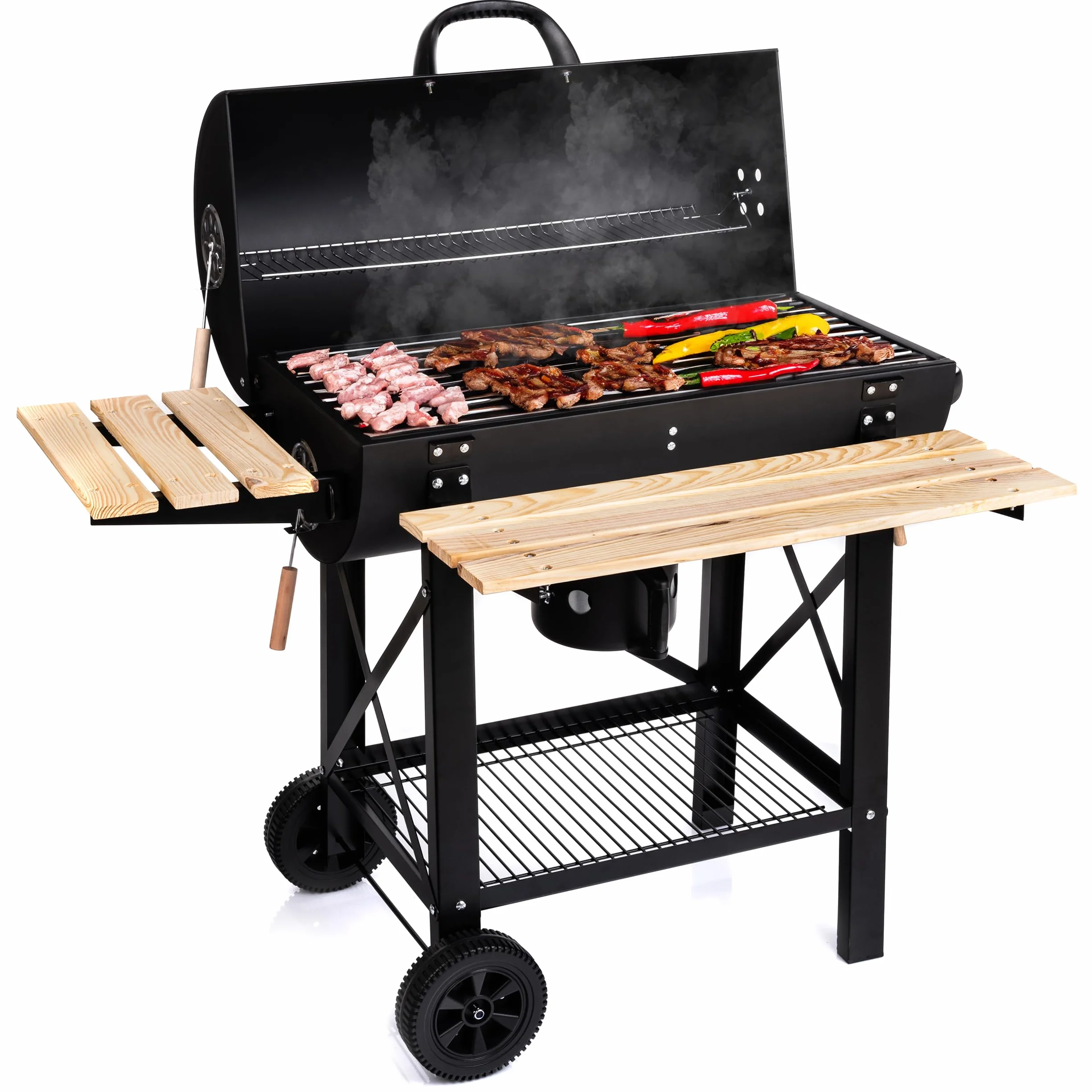 LEHMANN Barbecue Charbon de Bois XL avec Grille de Cuisson, Étagères en Bois, Couvercle, Roulettes