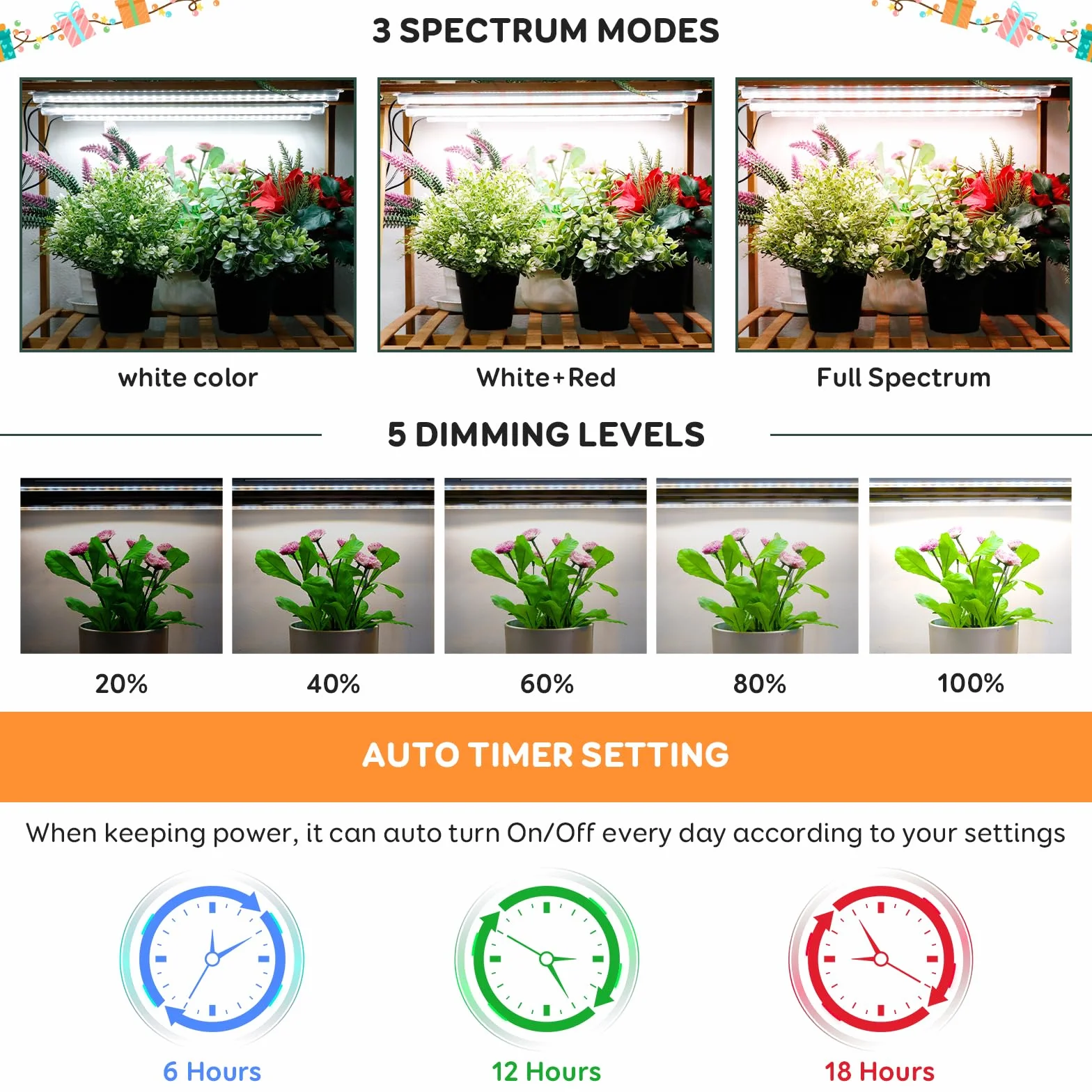 Luz para Cultivo de Plantas, Lámpara Solar de Espectro Completo, 4 Barras con Temporizador 6/12/18H, 5 Niveles Regulables