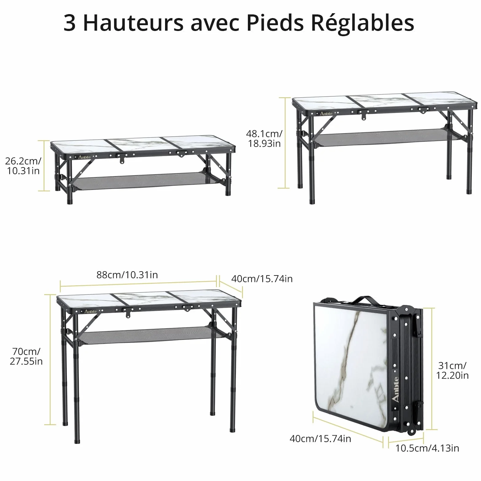Anbte Table de Camping Pliante 4 Hauteurs Ajustables Portable avec Rangement Net