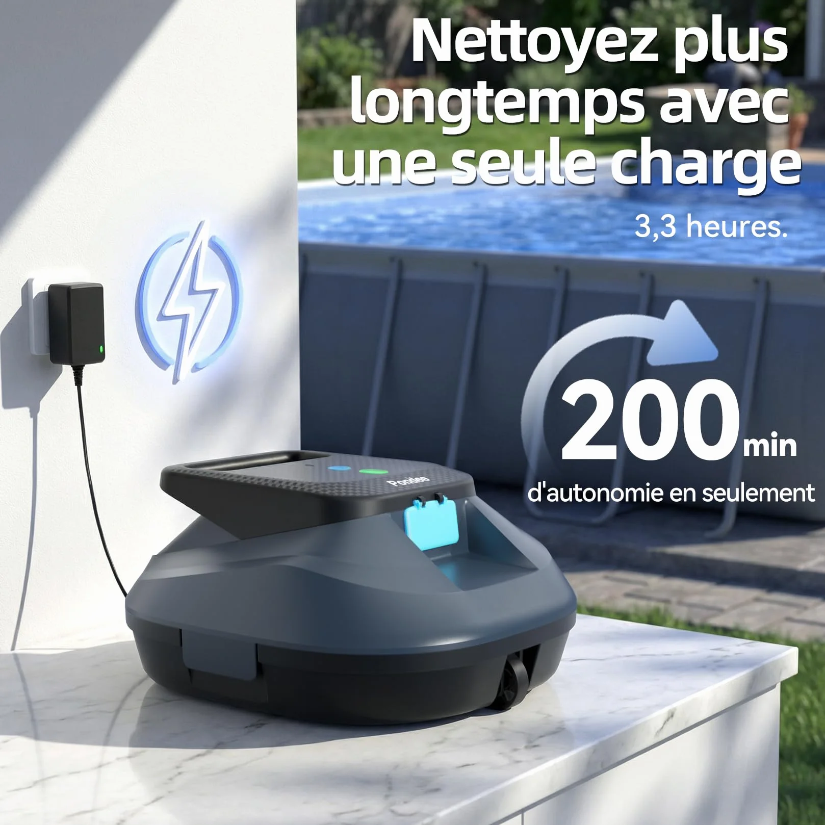 Pondee X2 Robot Piscine sans Fil 200 Min Autonomie Aspirateur Piscine Hors Sol Recharge Rapide 3.3 h 120 m²