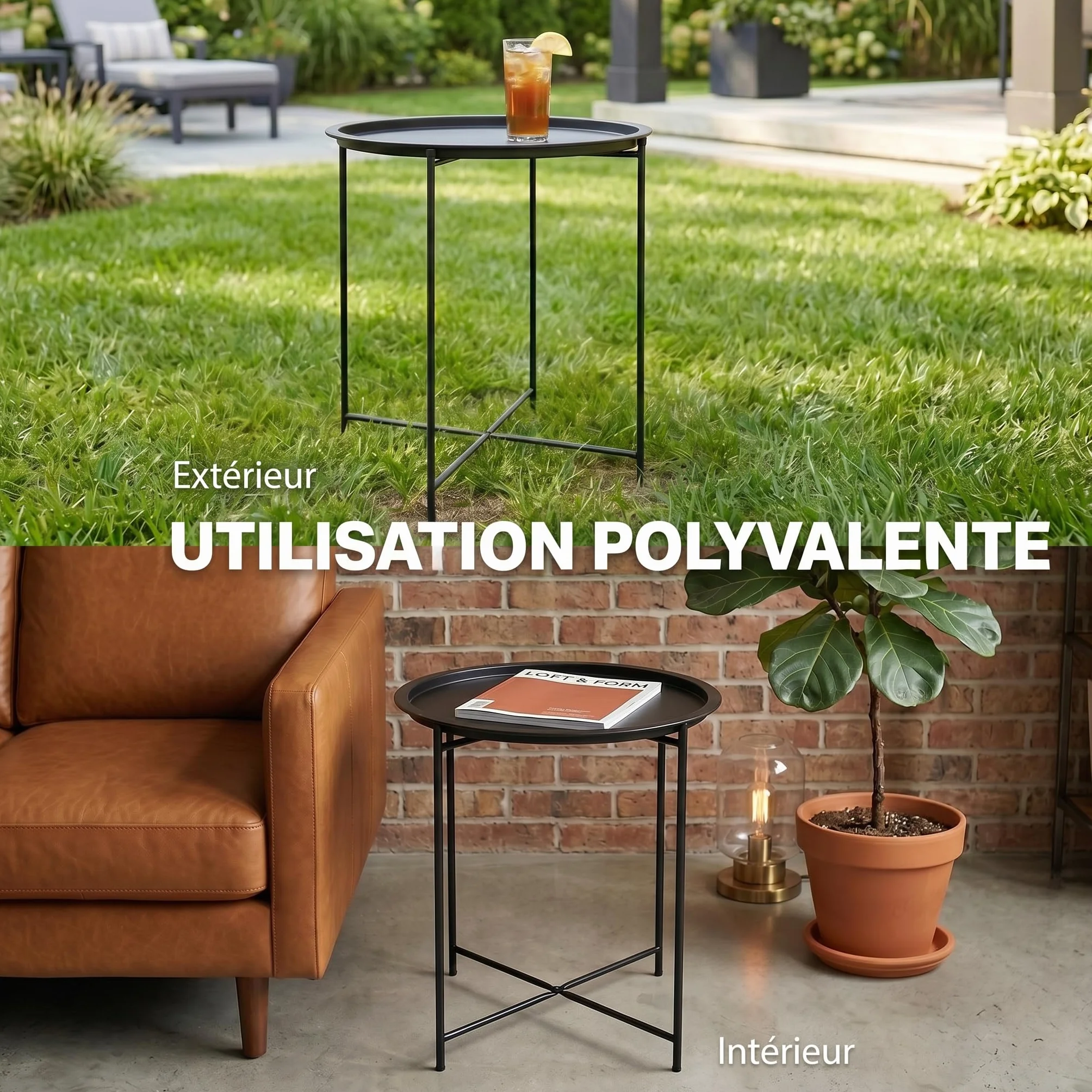 Outsunny Petite Table Basse Ronde d'Appoint de Jardin en Acier avec Plateau Amovible, Noir