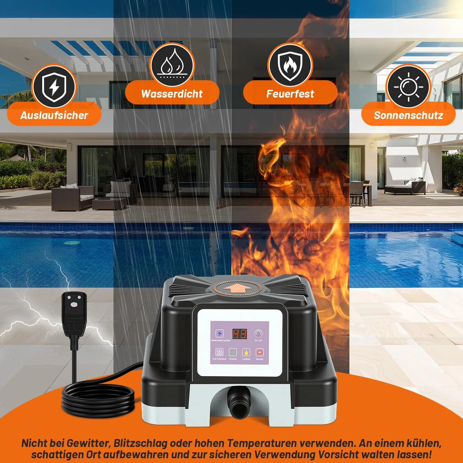 Daromigo Chauffage de piscine électrique 3000 W avec affichage numérique, réglage 37-45 °C, protection FI