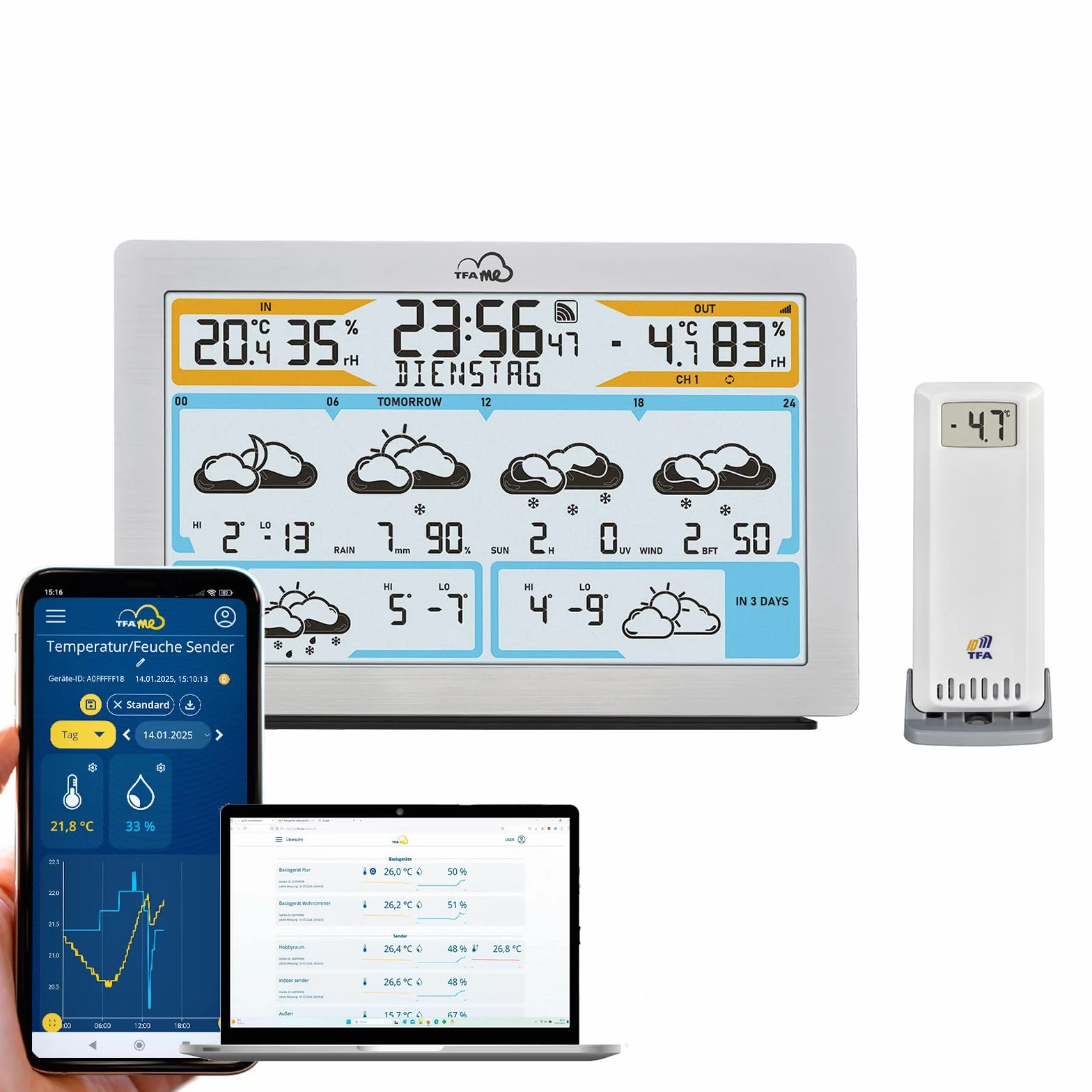TFA Dostmann Station météo WiFi TFA.me ID-02, prévisions météo 3-6 jours, capteur extérieur sans fil, argenté