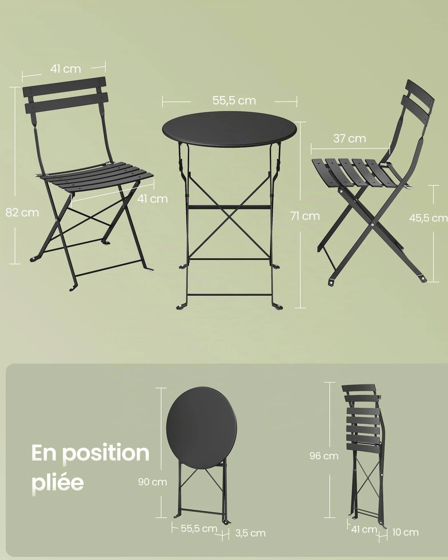 SONGMICS Table de Jardin Exterieur 3 Pièces Pliable Acier Résistant aux Intempéries Noir d'encre