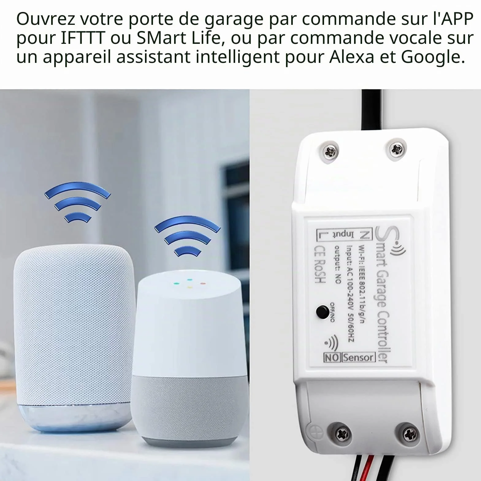 Ouvre-porte de garage WiFi 2.4G, télécommande de porte de garage de surveillance d'application, pour l'application IFTTT Smart Life/pour Android IOS Téléphonique