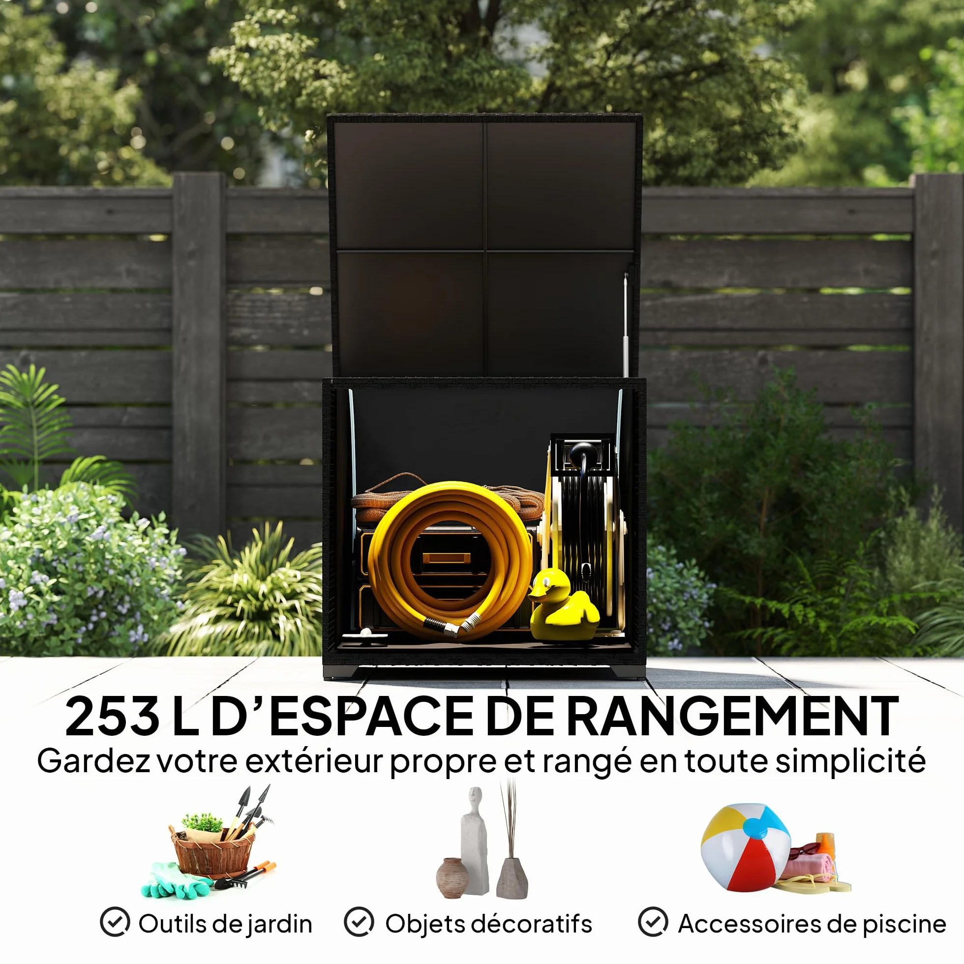 Outsunny Coffre de Jardin en Résine Tressée 253 L Imperméable, Rangement Extérieur 72 x 72 x 70 cm Noir