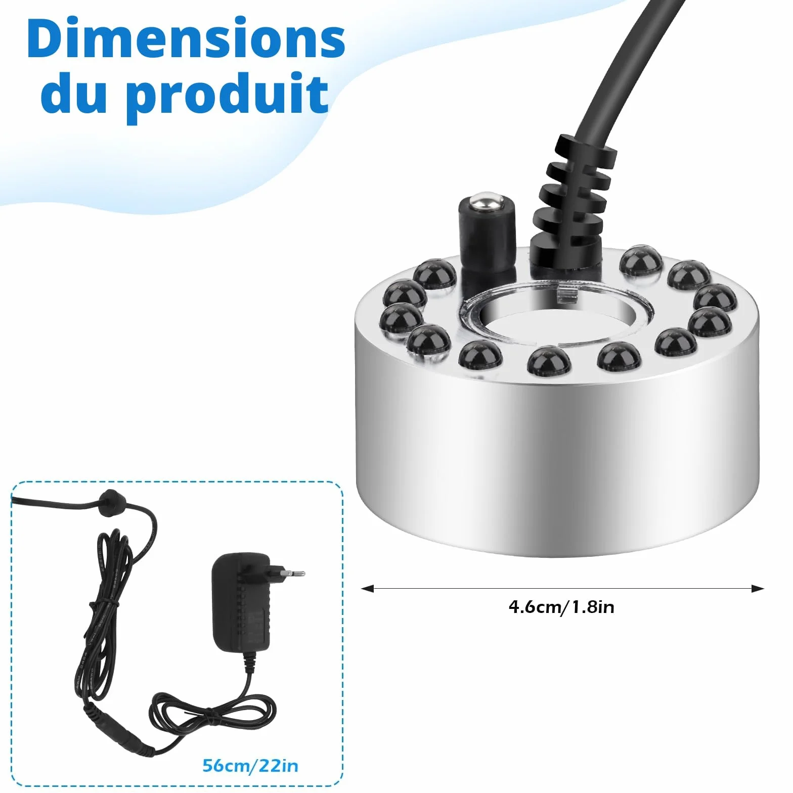 Brumisateur à Ultrasons 12 LED Colorées Mini Machine à Brouillard Métal Humidificateur d'air pour Fontaine Étang