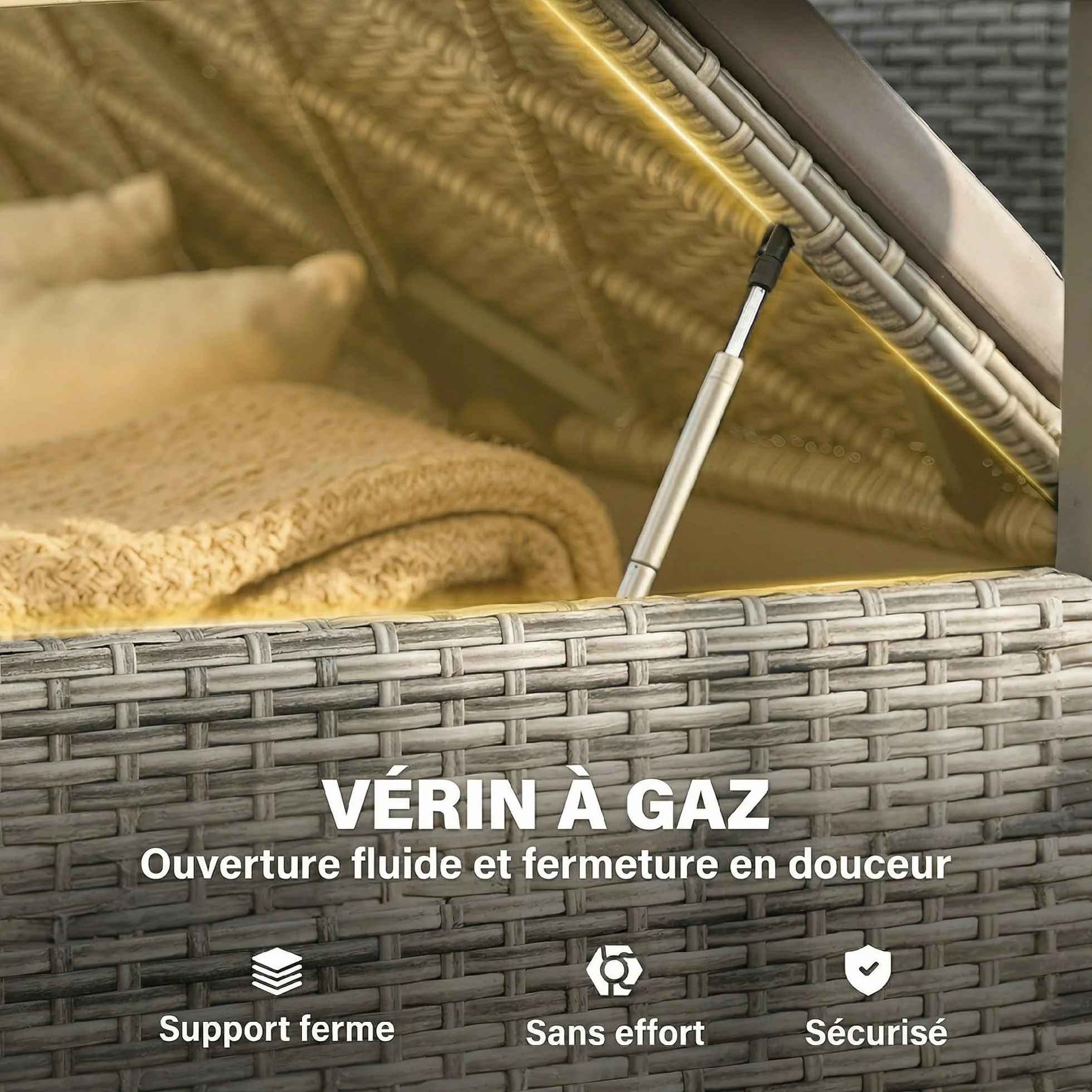 Banc de Jardin avec Coffre de Rangement 170L Outsunny Banquette 2 Places Résine Tressée Coussin Déhoussable Accoudoirs Bois d'Acacia Vérin à Gaz Gris