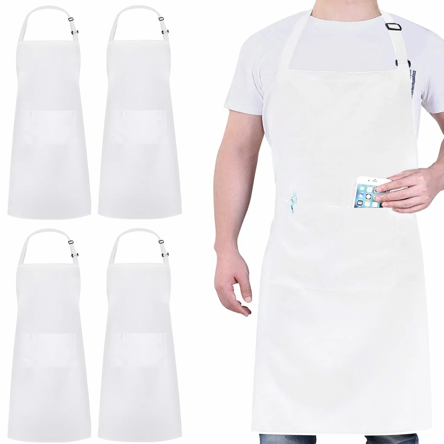 Atopo 4 Pack Tablier Cuisine Professionnel avec 2 Poches, Etanche Réglable pour Homme Femme (Blanc)