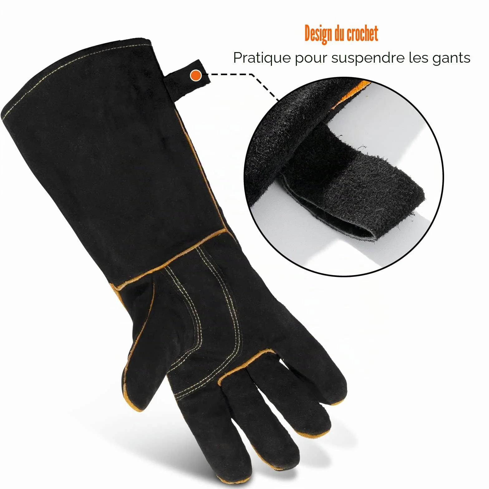Gants de barbecue en cuir résistant à la chaleur et ignifuge 14-inch Noir