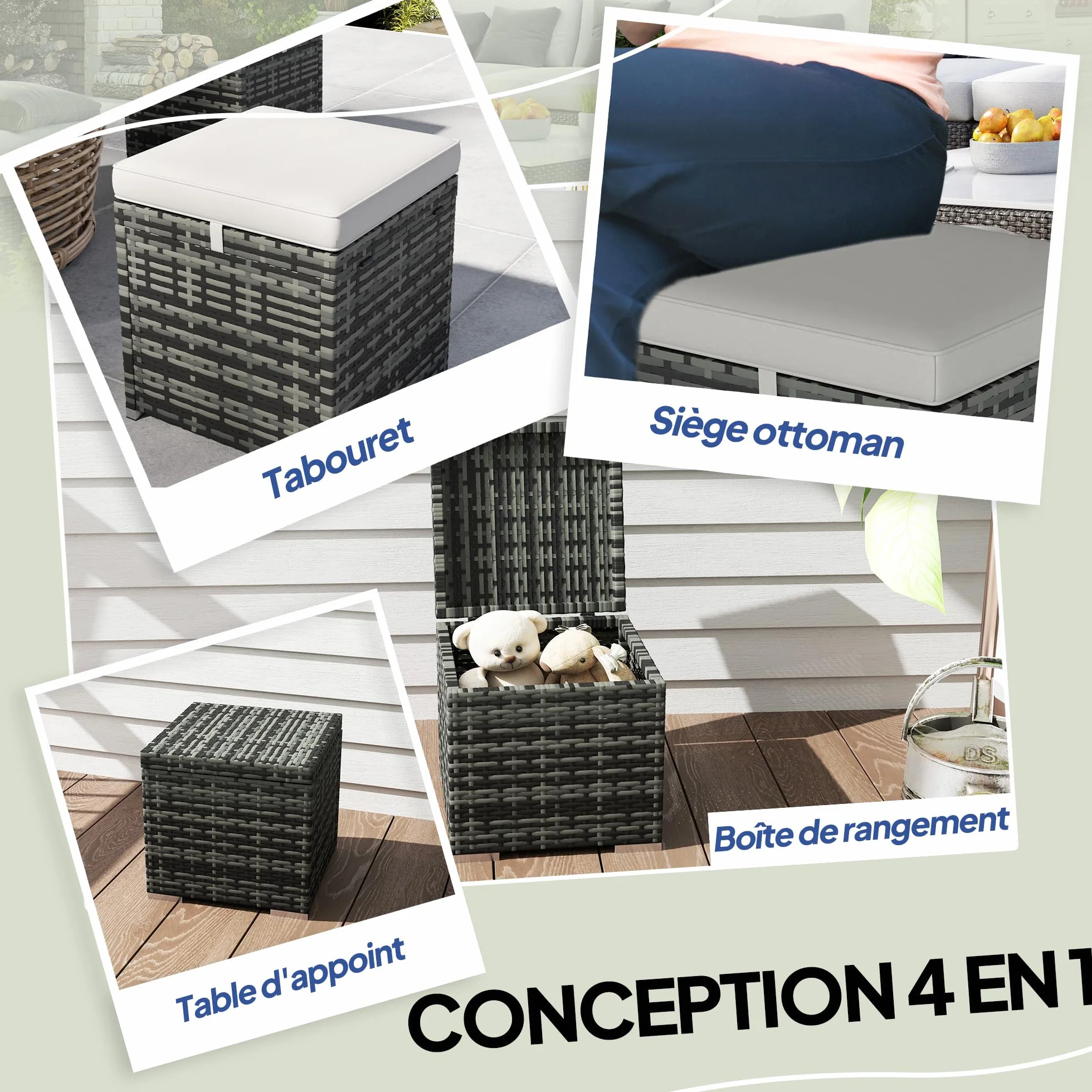 Outsunny Lot de 2 Tabourets avec Rangement en Rotin PE, Pouf Jardin 40x40x41 cm Gris Clair