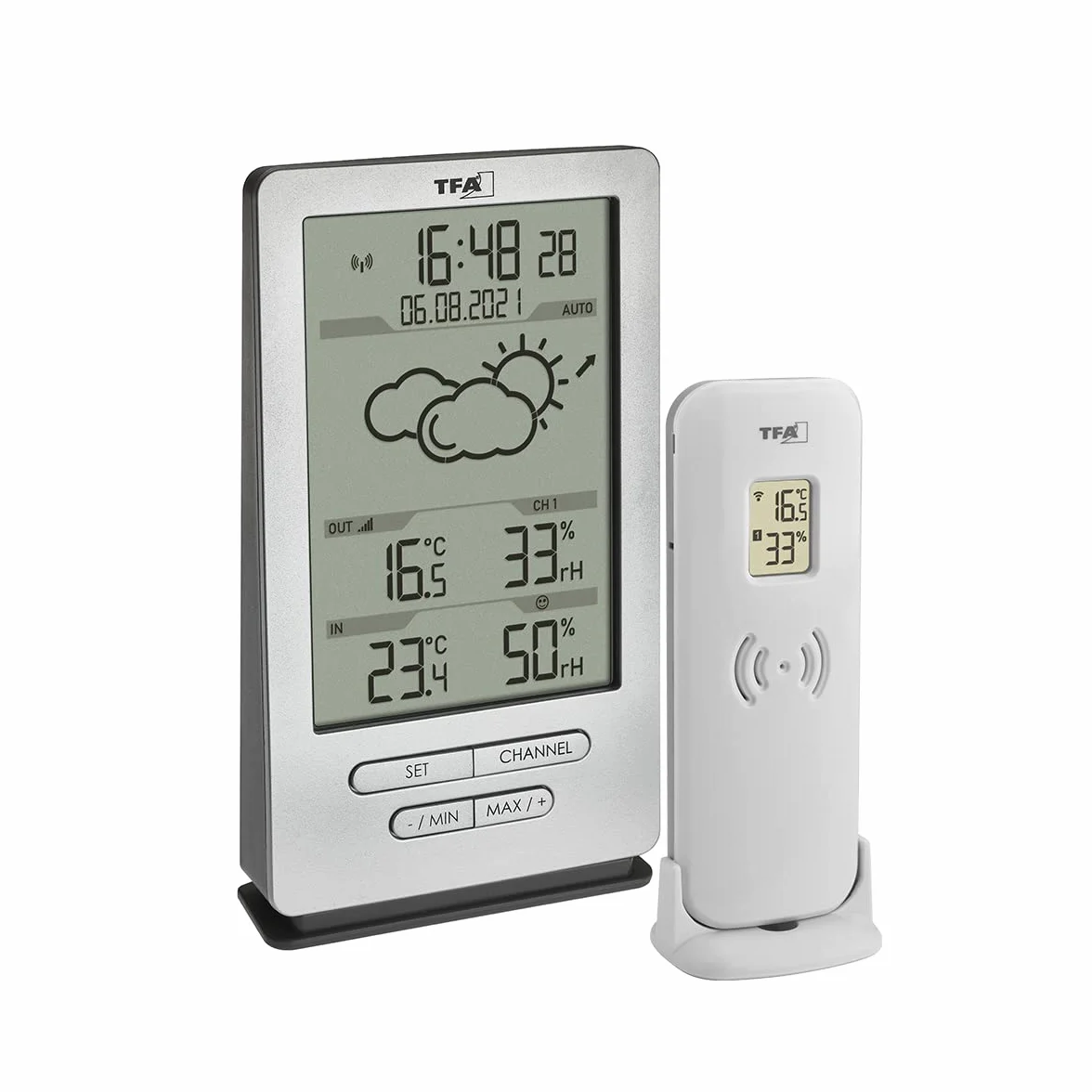 Station météo sans fil TFA Dostmann XENA 35.1162.54 avec capteur extérieur, température, prévisions, horloge radio, argent