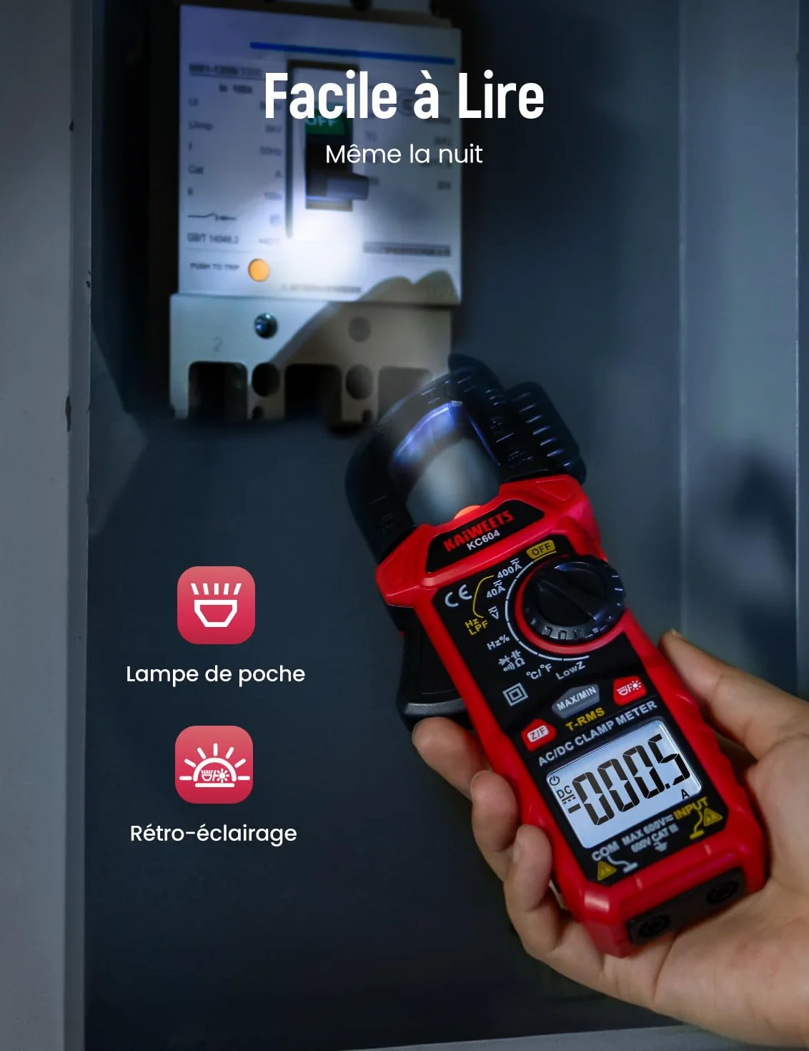 KAIWEETS Pince Ampèremètre AC/DC, Pince Multimètre Mesurer la Tension AC/DC/Courant/Température/Continuité/Diode/NCV, Pince Ampèremétrique avec Lampe de Poche, Rétro-éclairage, Mâchoire-D, KC604