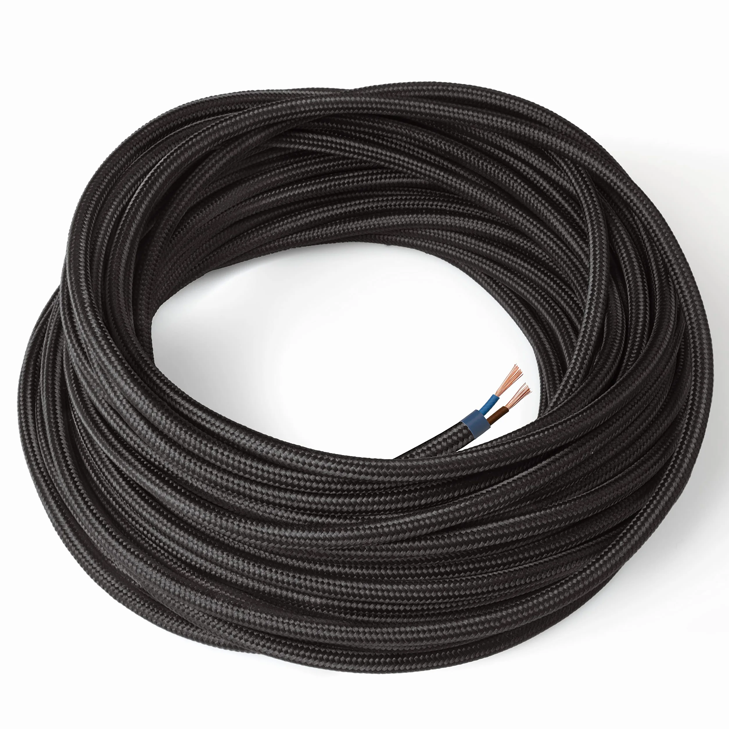 Amarcords - Câble électrique textile couleur NOIR, rond, soie, 5 mètres, à 2 brins 2x0,75 - Fil vintage en tissu coloré, pour lampes, lustres, appliques et abat-jours.