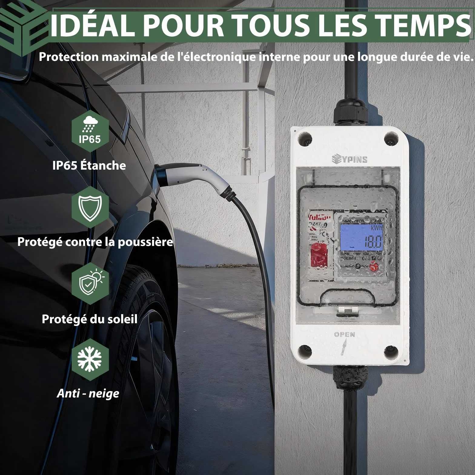 EYPINS Compteur d'Énergie Portable Étanche IP65 avec Interrupteur Wattmètre de Prise avec Mémoire,Surveillance Temps Réel 80A 3680W,Câbles 2x1.5m H07RN-F VDE pour Camping-Car,Maison,Extérieur