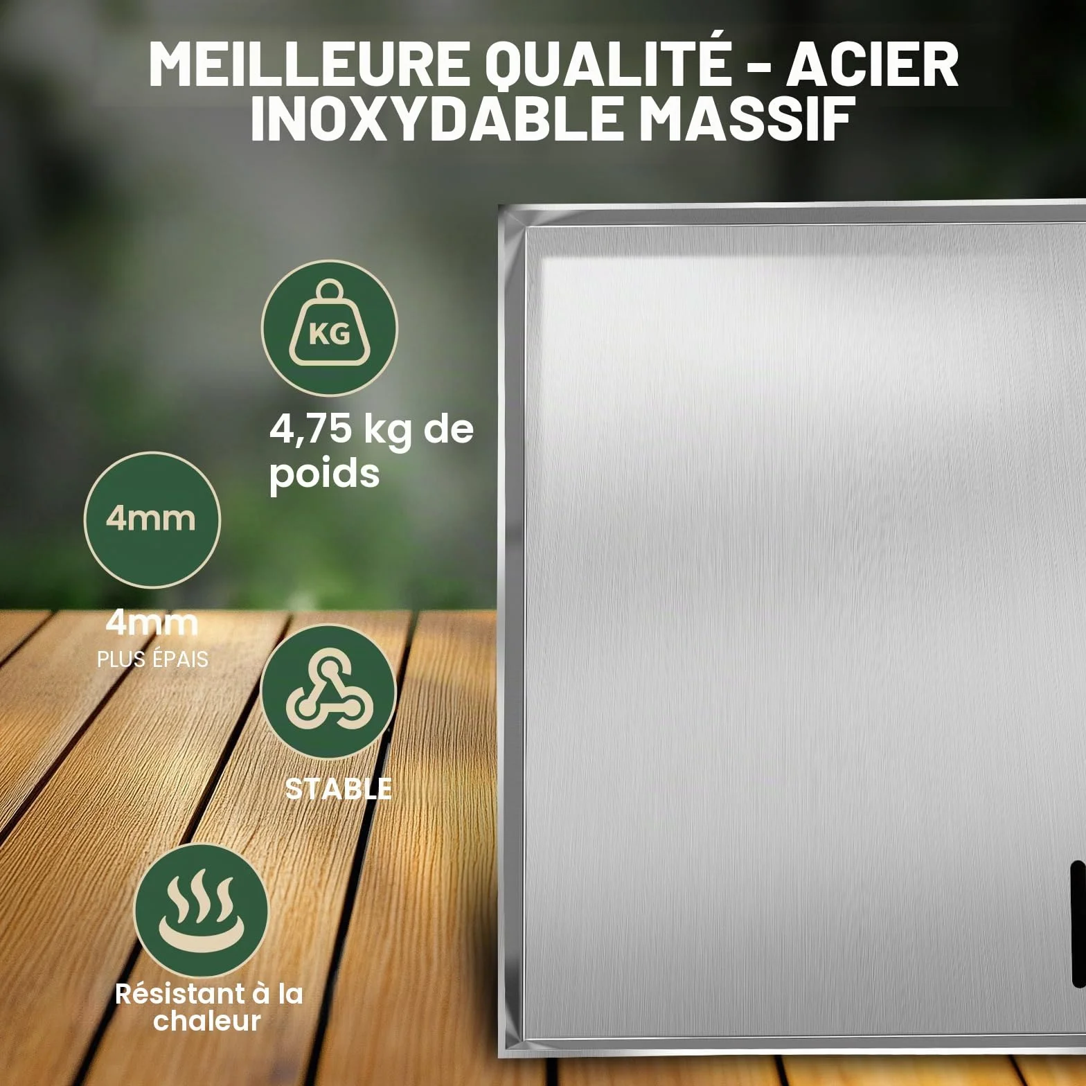 Lot plancha acier inoxydable massif 4 mm 30 x 40 cm pour barbecue gaz charbon avec spatule