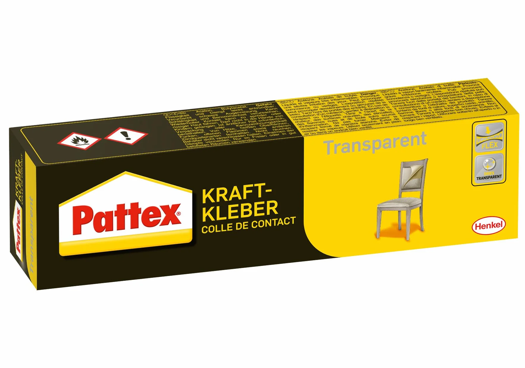 Pattex 1419344 Colle de contact "Transparent" 125 g, Noir/jaune