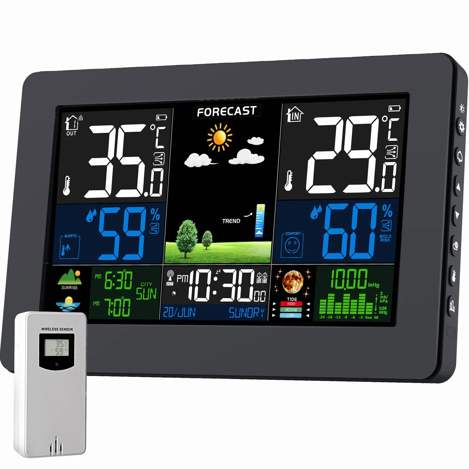 Station Météo Sans Fil avec Capteur Extérieur, Écran LCD Couleur, Baromètre, Phase de Lune, Réveil
