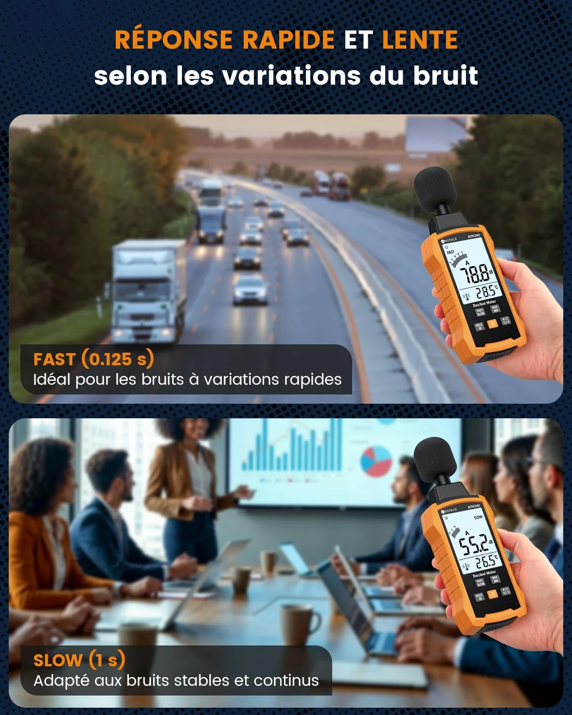 Neoteck Sonomètre Numérique Portable 30–130dB – Décibelmètre A/C Pondéré, Réponse Rapide et Lente, Écran LCD Rétroéclairé, Données MAX/MIN et Maintien, Professionnel pour Maison, Bureau, Usine