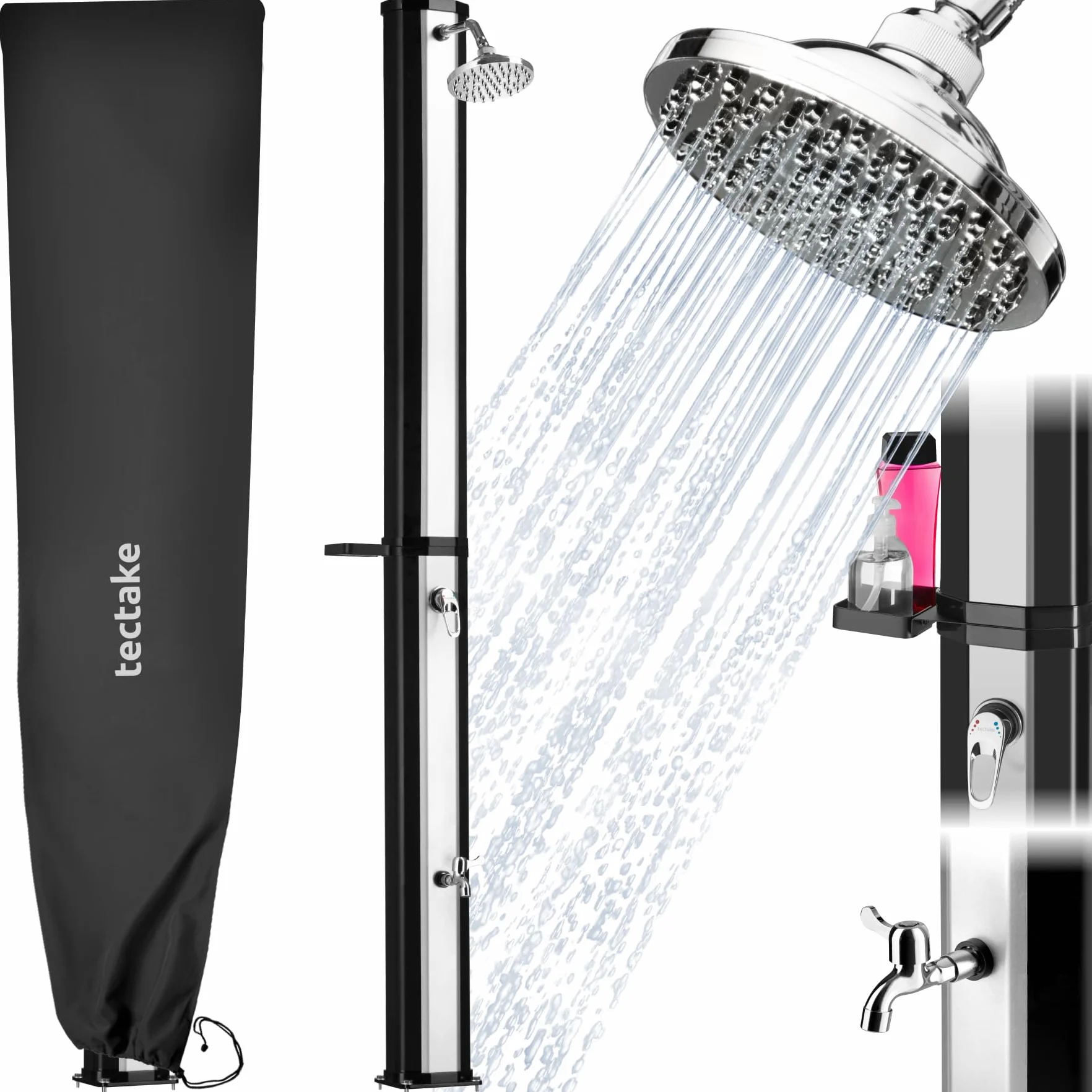 tectake Douche Solaire 35L multifonctionnelle Eau Chaude Pommeau de Douche Effet de Pluie Porte-Savon Housse de Protection Jardin Piscine Camping