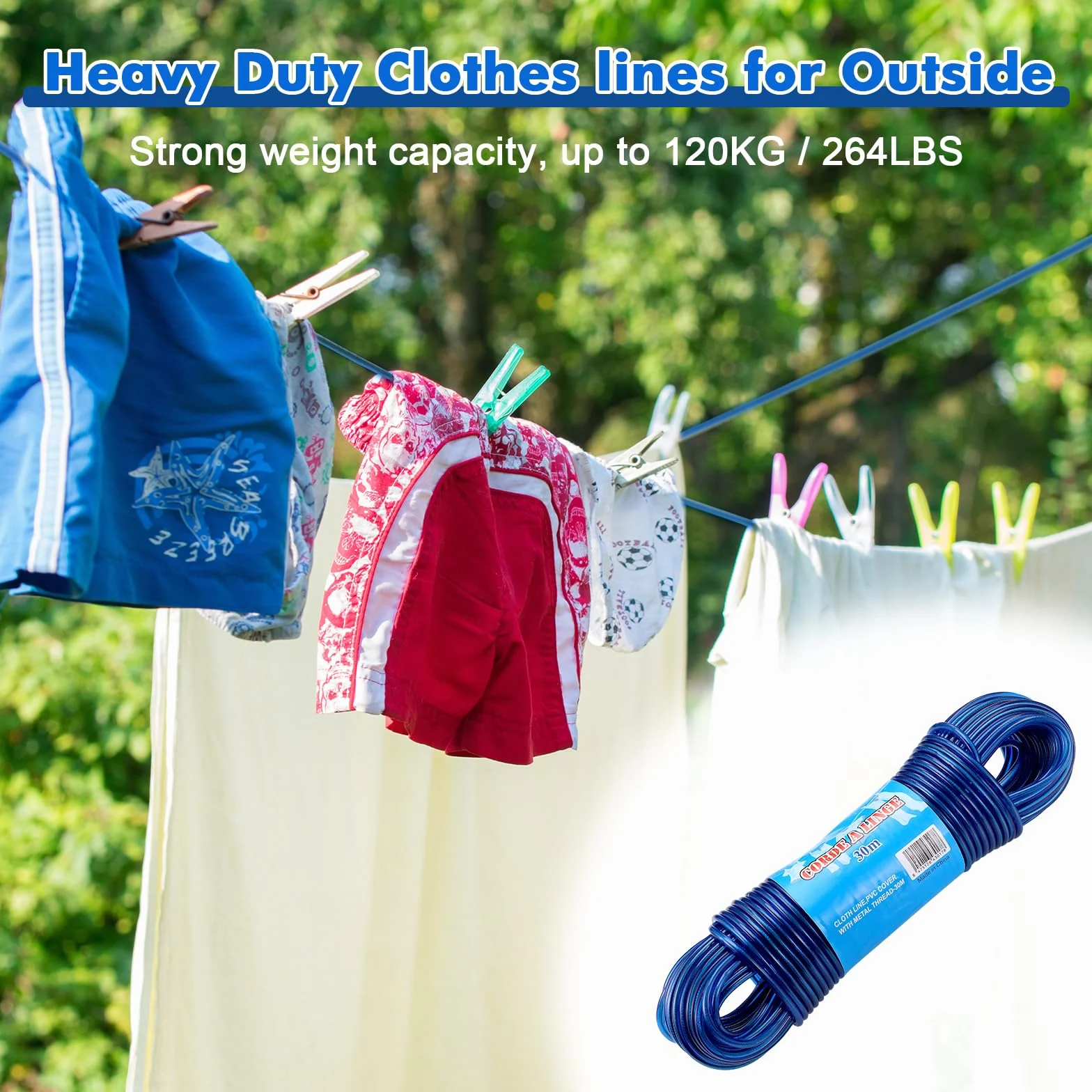 30m Corde a Linge, Fil à Linge Acier Plastifié avec Noyau d'acier, Corde a Linge Exterieur, Corde Solide 4mm Dia Corde à Linge, Fil a Linge Exterieure Résistantes, Capacité portante 120kg