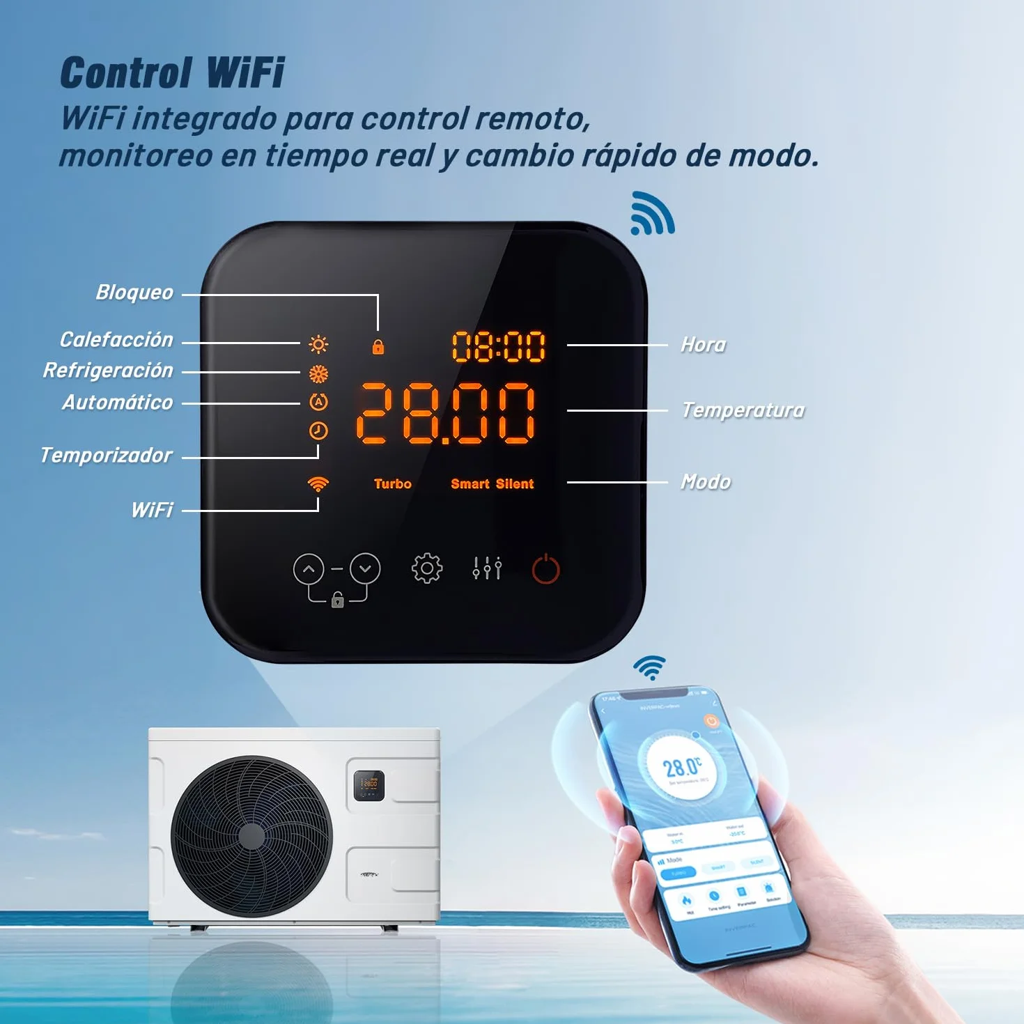 INVERBOOST Elite Pompe À Chaleur Inverter 12,5 KW, Piscines Hors Sol 60 m³, COP 16, WiFi