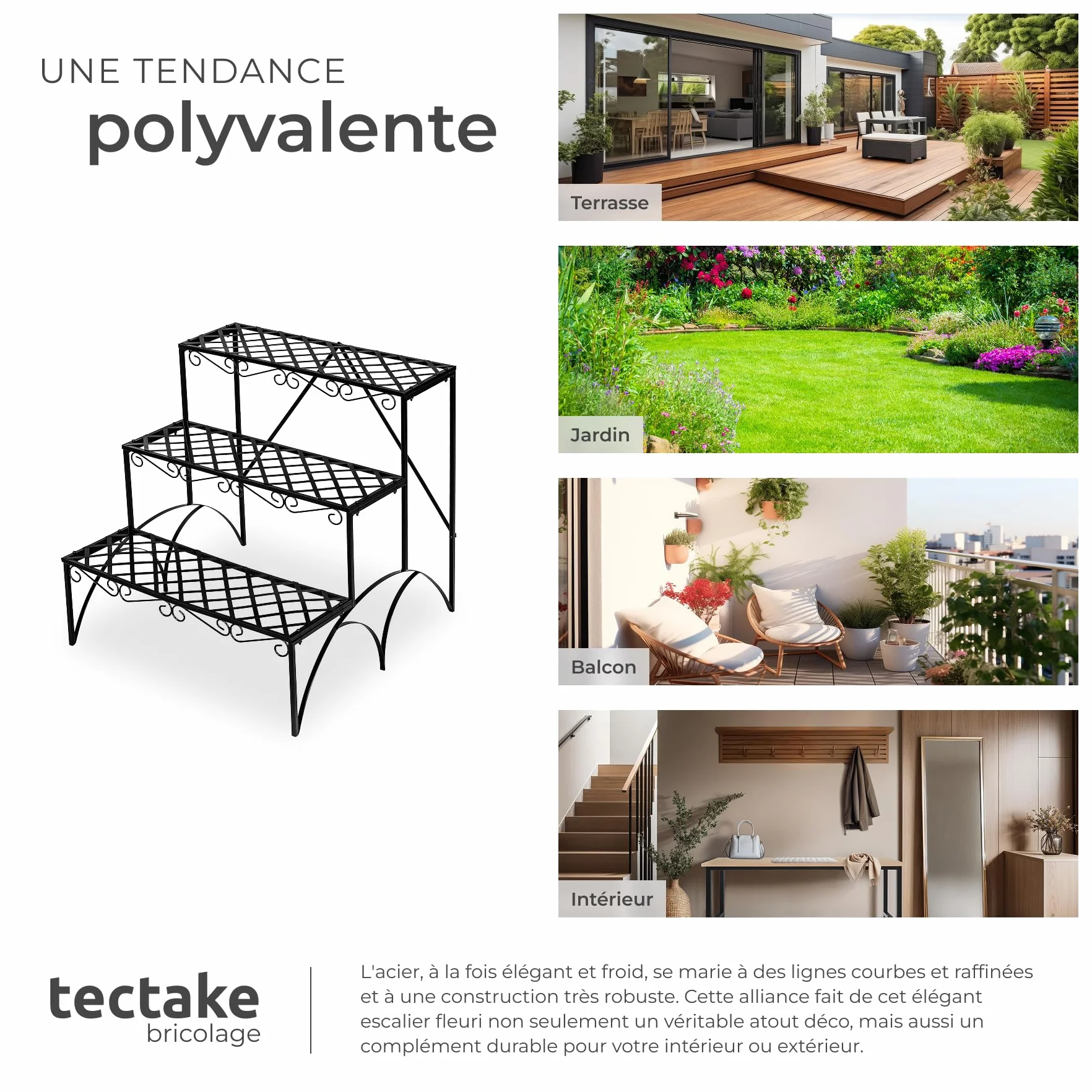 Tectake Étagère escalier droite Porte plante 3 niveaux métal 60 x 60 x 60cm Charge max 30kg