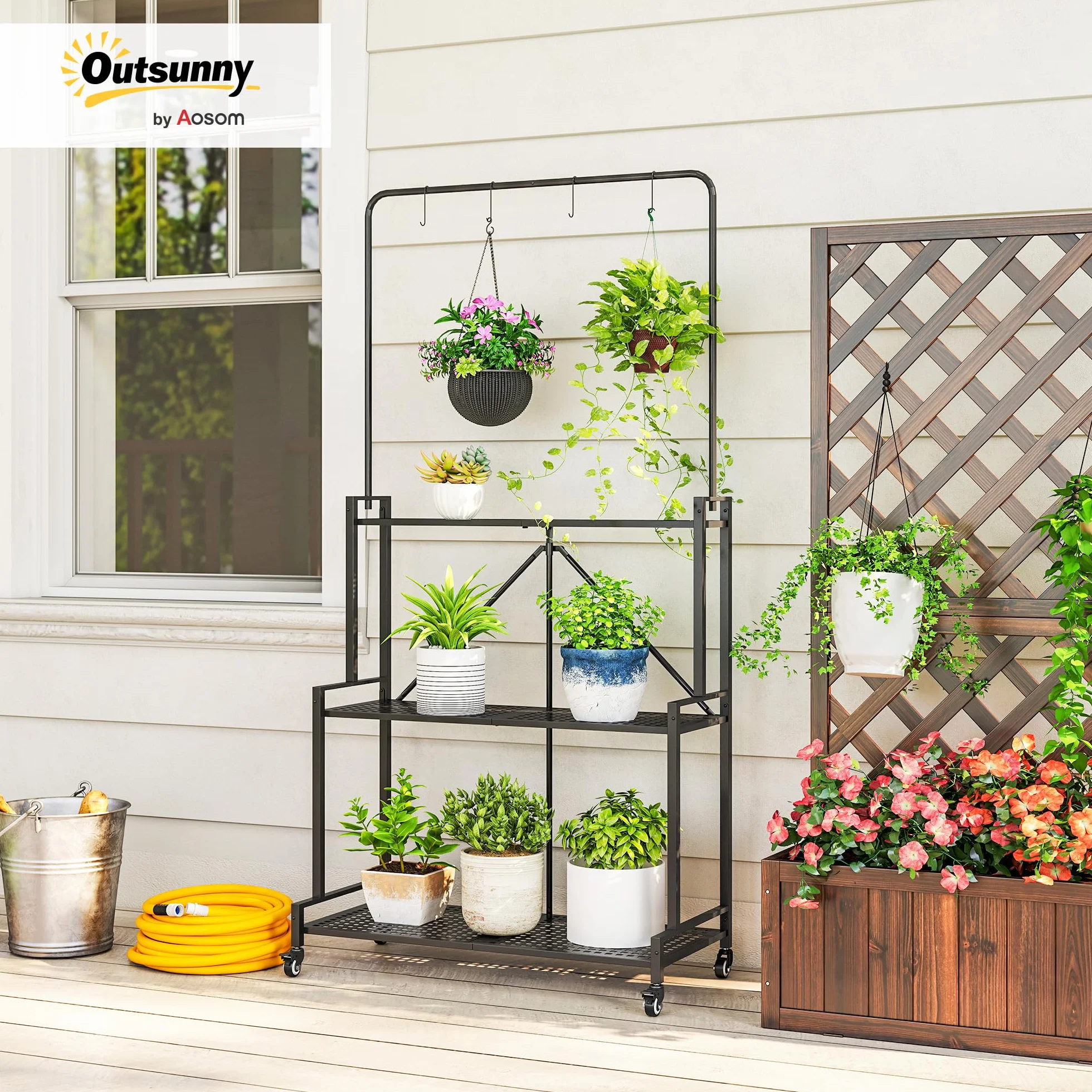 Outsunny Étagère à Fleurs Pliable Métal 3 Niveaux avec Roulettes et 4 Crochets Intérieur Extérieur Noir