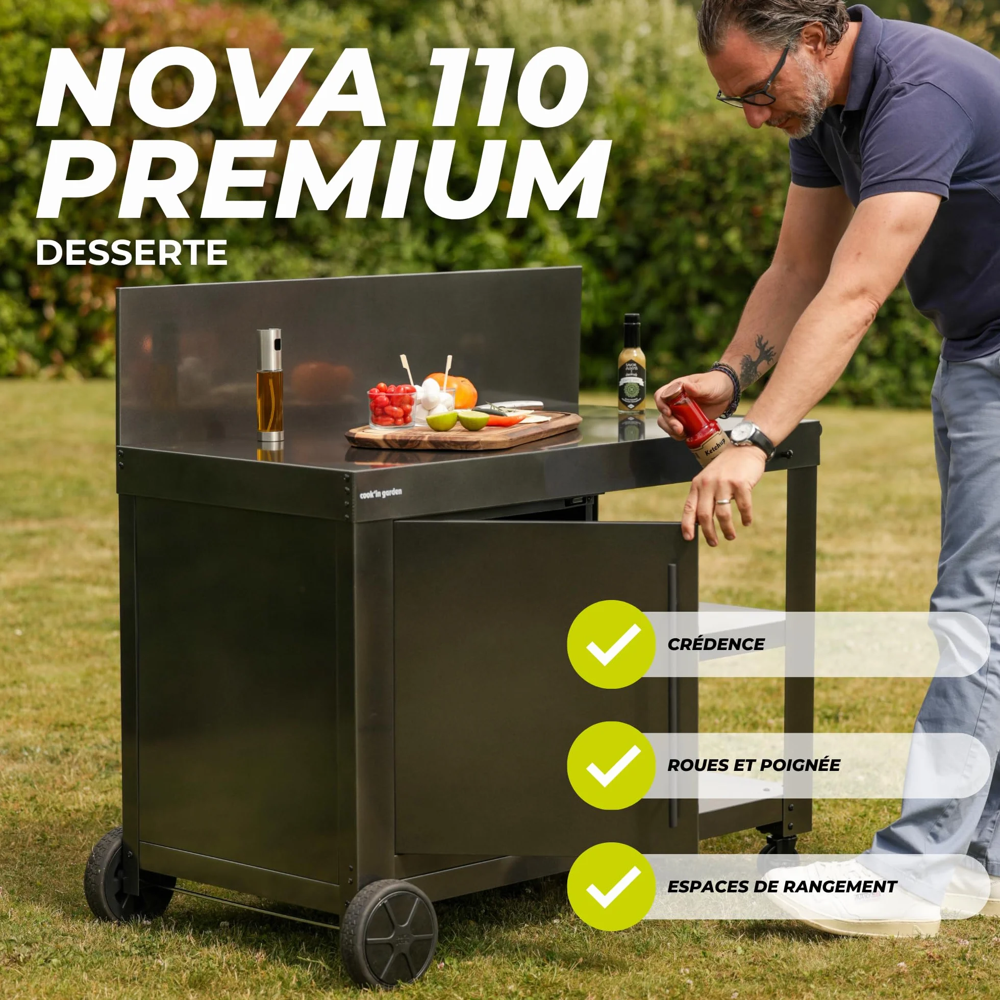 Cook'in Garden Desserte Nova 110 Premium Chariot de Jardin avec Plan de Travail, Meuble sur Roulettes pour Plancha ou Barbecue, Noir