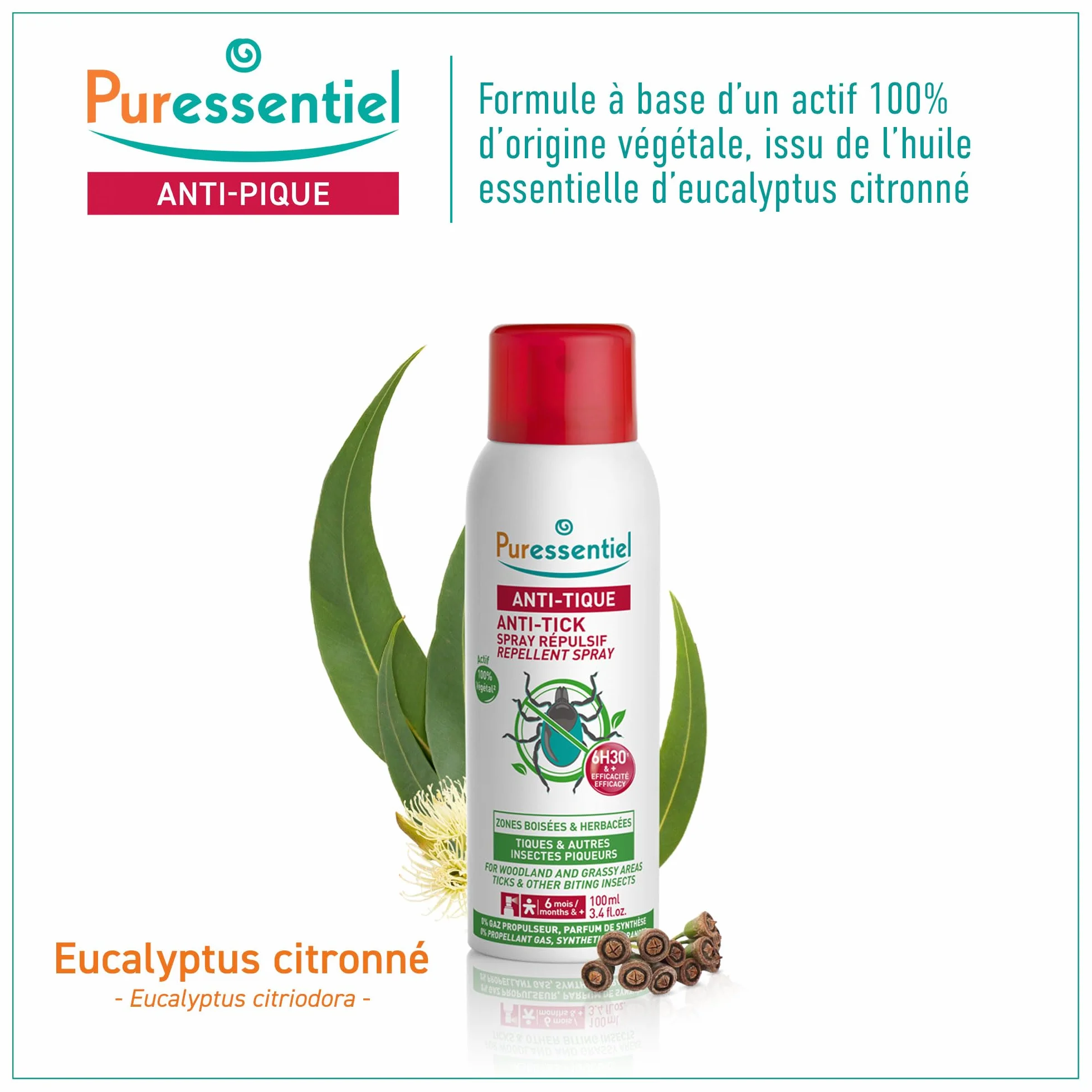 Puressentiel Spray Répulsif Anti-Tiques 100 ml – Protection forêt randonnée – Actif végétal eucalyptus citronné