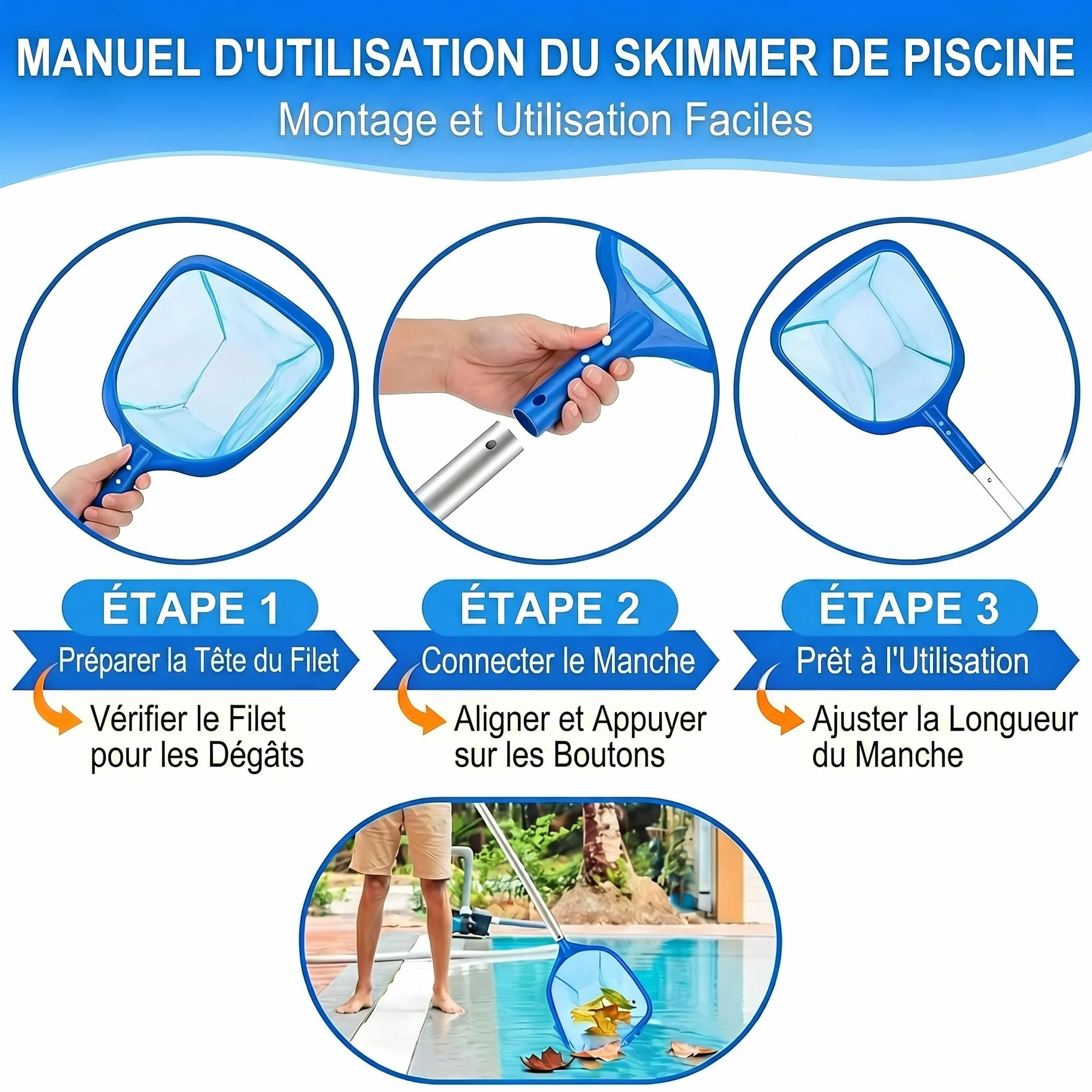 Épuisette de Piscine 140 cm Filet Télescopique Réglable pour Nettoyer Piscine Spa