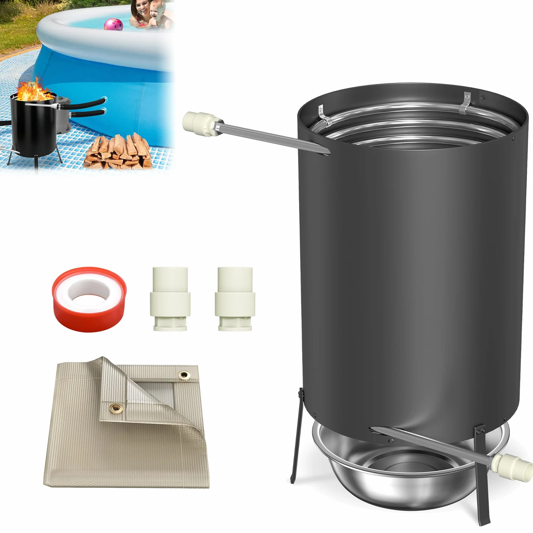 Chauffage de piscine avec feu, acier inoxydable, tonneau à bois, spirale chauffante, poêle de piscine