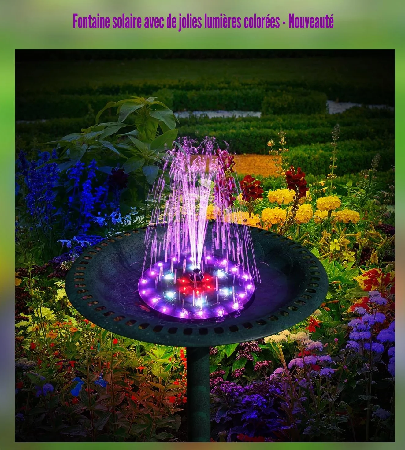 Fontaine Solaire 60 LEDs Colorée 2026 Upgraded Solaire Flottant Extérieur Pompe Bassin avec 8 Buses pour Bain d'oiseaux, Étang, Jardin