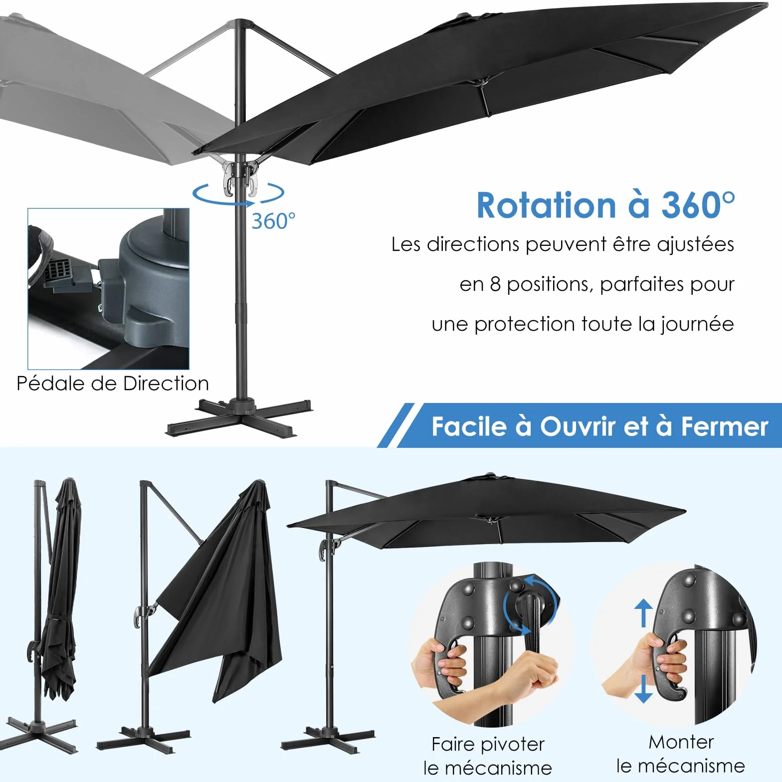 RELAX4LIFE Parasol Déporté Rectangulaire 3x3M Inclinable Rotative 360° Pédale Polyester Anti-UV Jardin Exterieur Noir